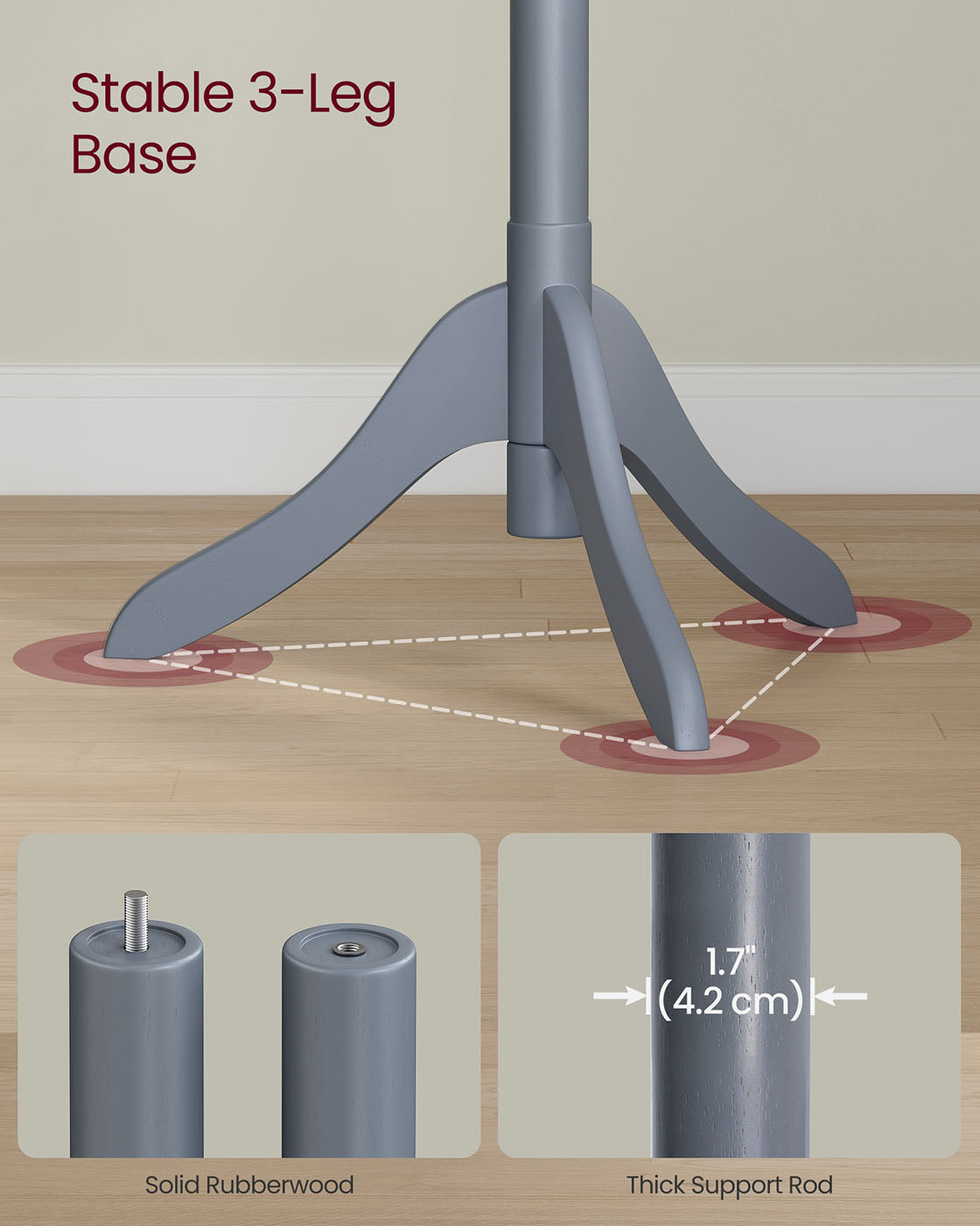 Coat Rack - Solid Wood - Grey - 8 Hooks with 3 Adjustable Heights