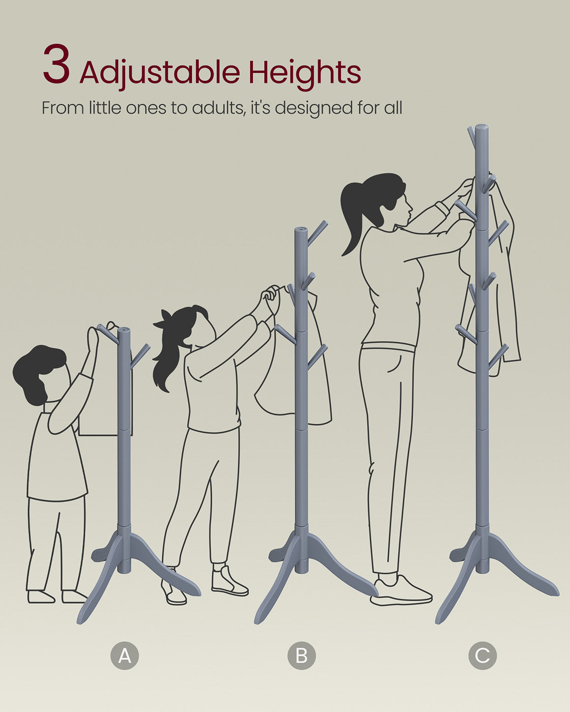 Coat Rack - Solid Wood - Grey - 8 Hooks with 3 Adjustable Heights