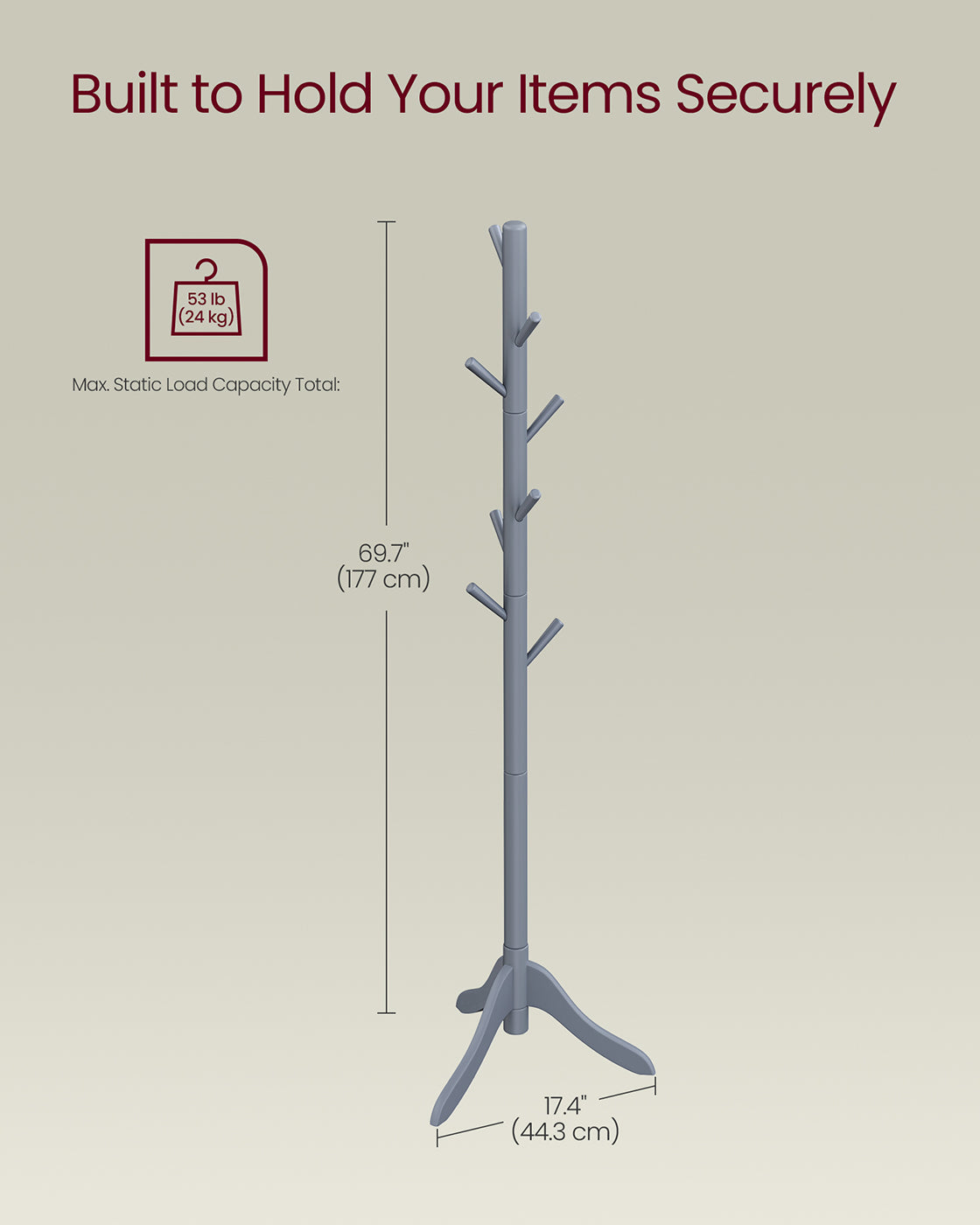 Coat Rack - Solid Wood - Grey - 8 Hooks with 3 Adjustable Heights