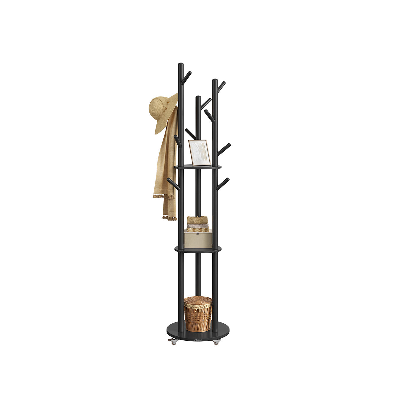 Freestanding Coat Rack Stand - Wood - Ink Black - 11 Hooks and 3 Shelves with Removable Wheels