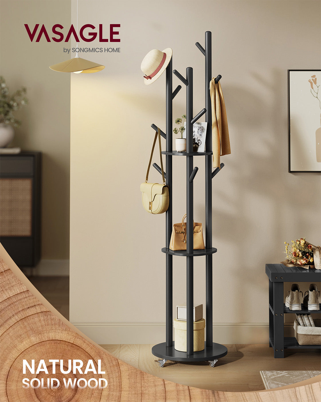 Freestanding Coat Rack Stand - Wood - Ink Black - 11 Hooks and 3 Shelves with Removable Wheels