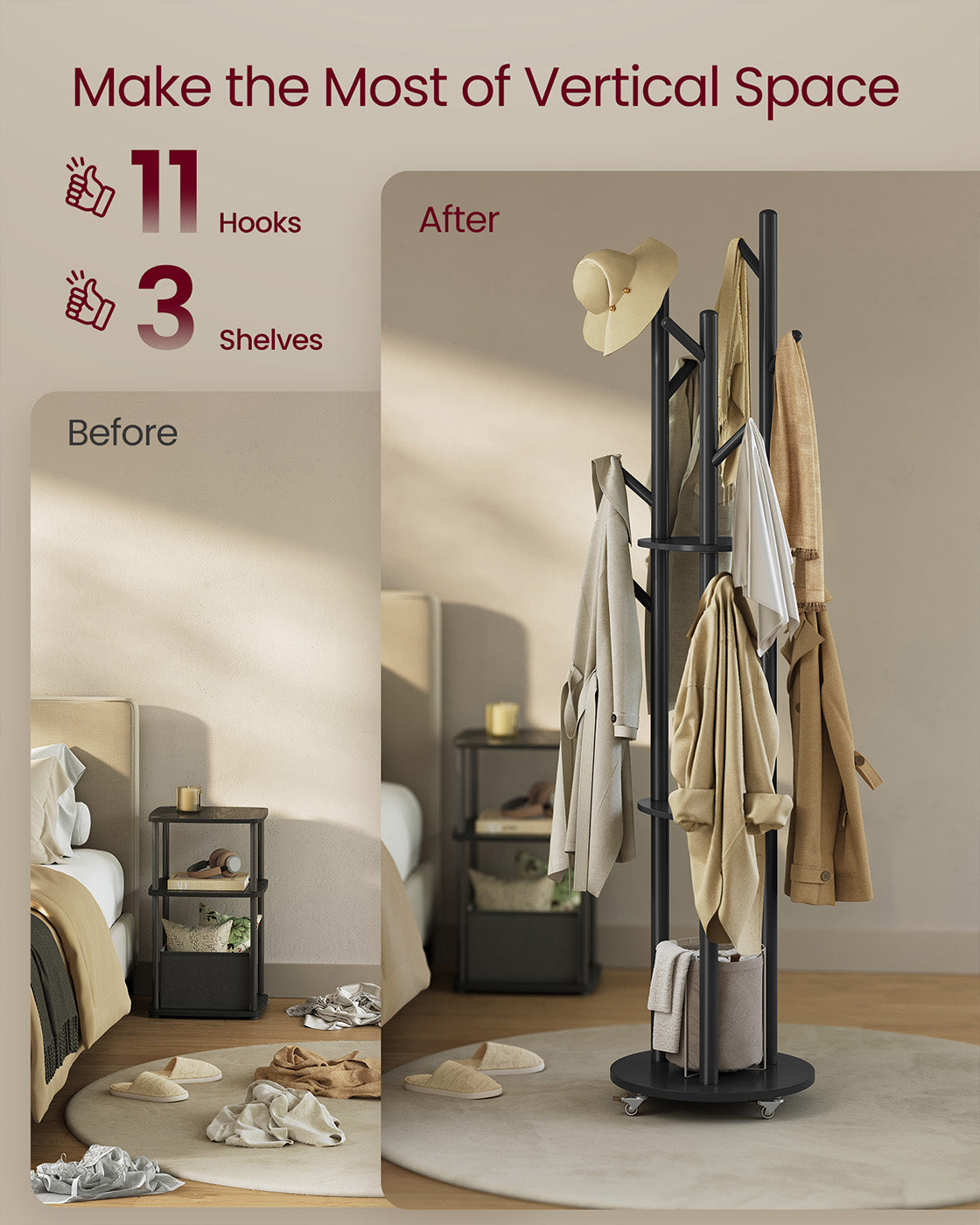 Freestanding Coat Rack Stand - Wood - Ink Black - 11 Hooks and 3 Shelves with Removable Wheels
