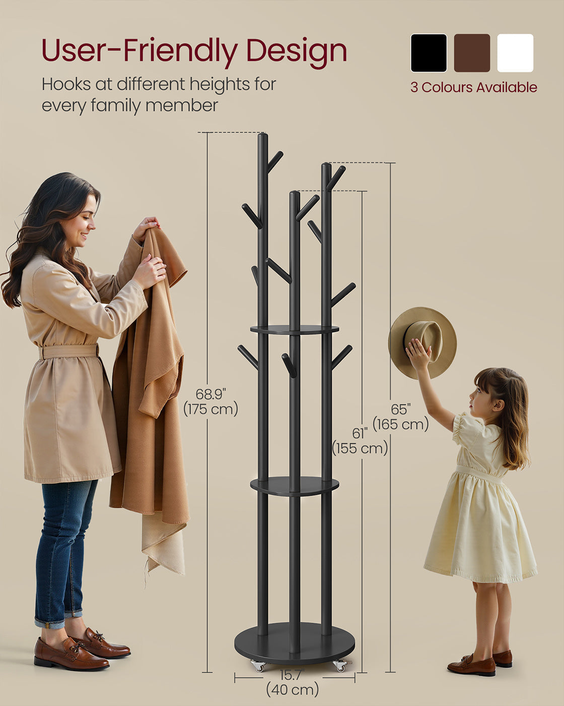 Freestanding Coat Rack Stand - Wood - Ink Black - 11 Hooks and 3 Shelves with Removable Wheels