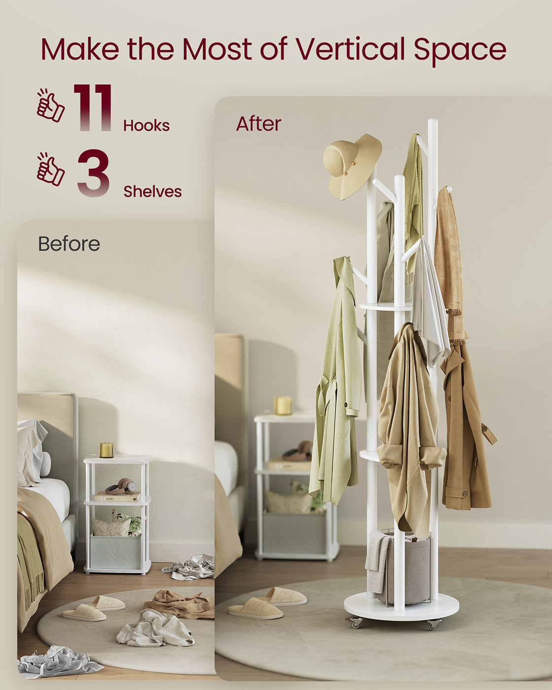 Freestanding Coat Rack Stand - Wood - Ink Black - 11 Hooks and 3 Shelves with Removable Wheels