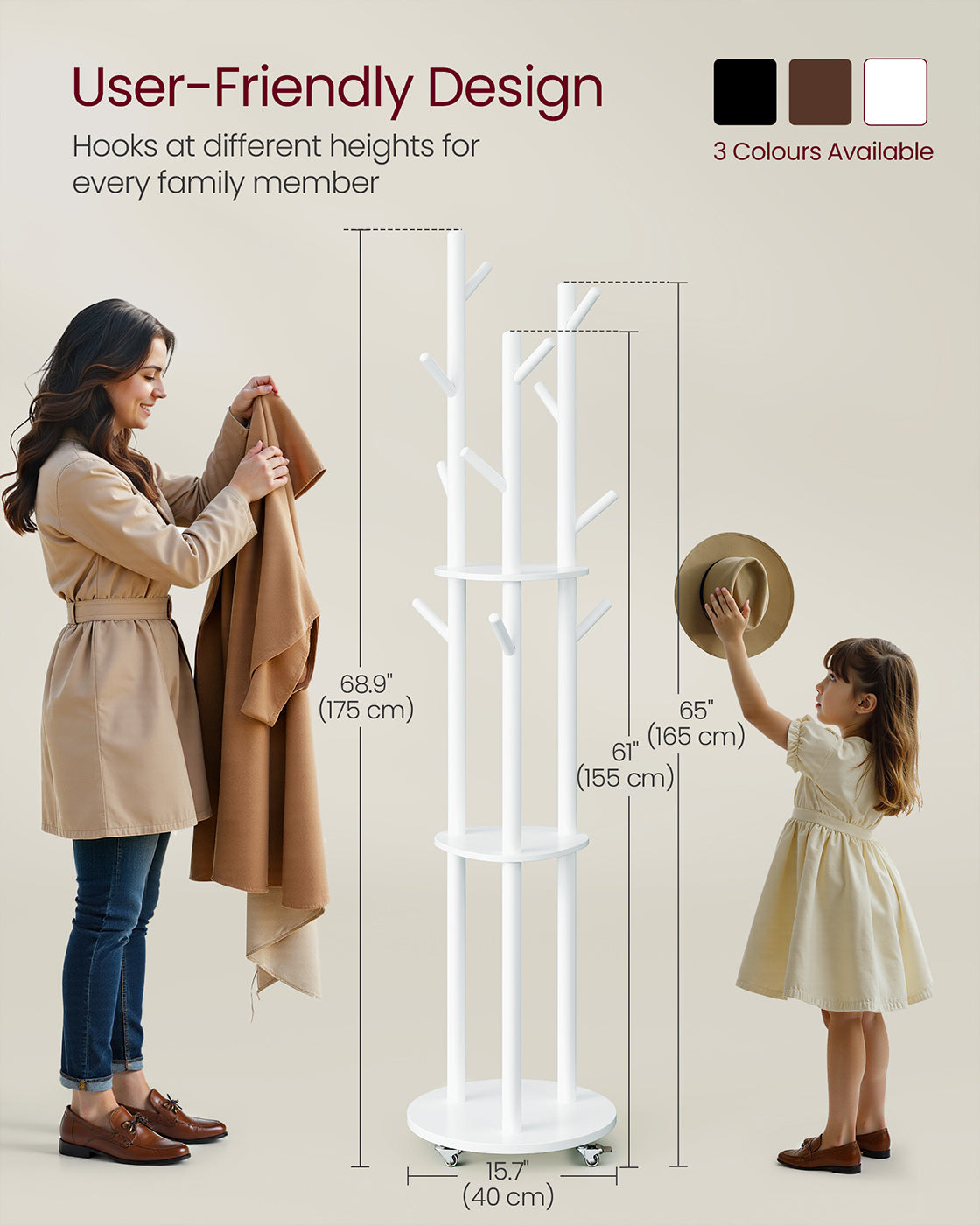 Freestanding Coat Rack Stand - Wood - Ink Black - 11 Hooks and 3 Shelves with Removable Wheels