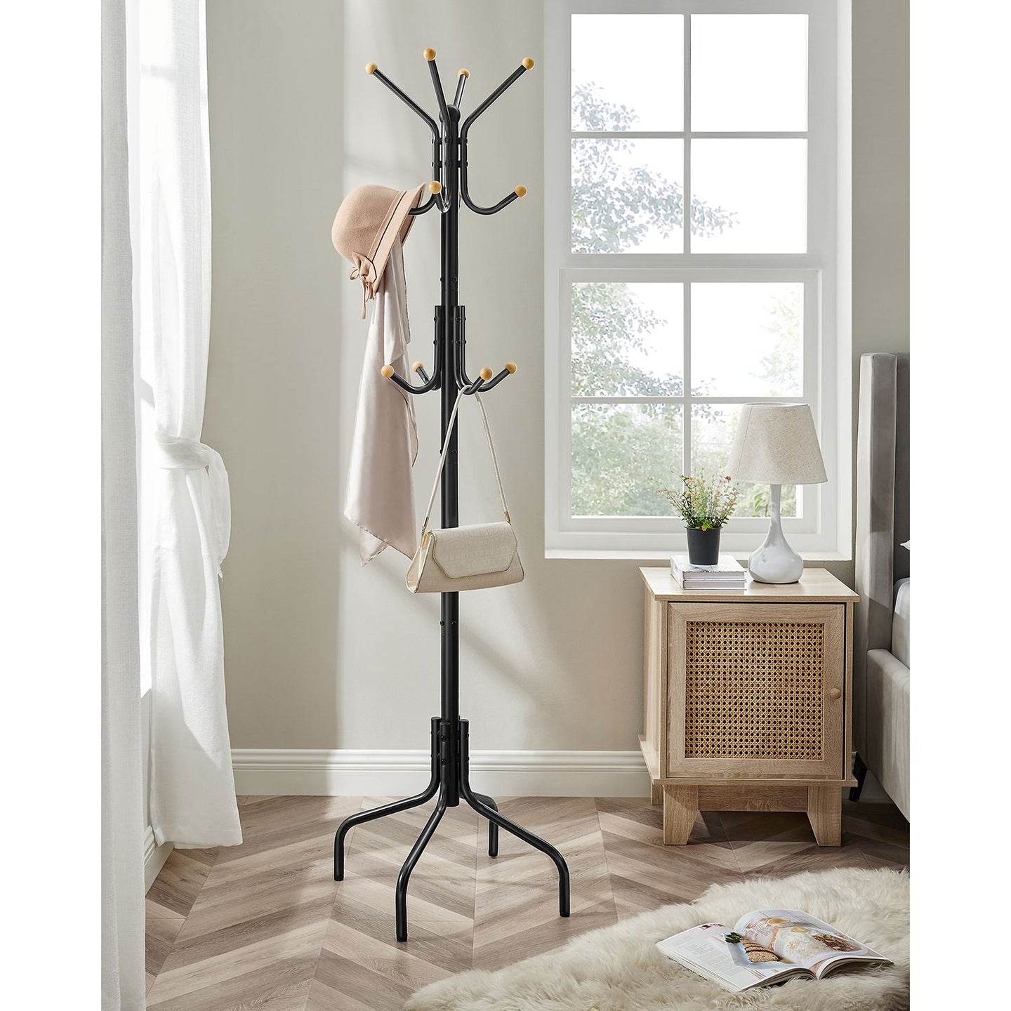 Coat Stand - Metal - Black - 12 Hooks for Coats