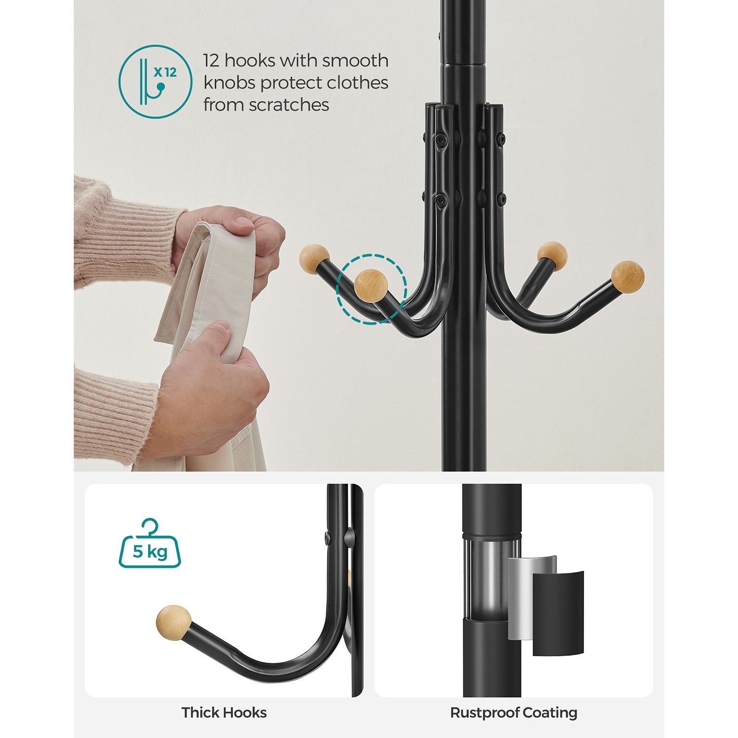 Coat Stand - Metal - Black - 12 Hooks for Coats