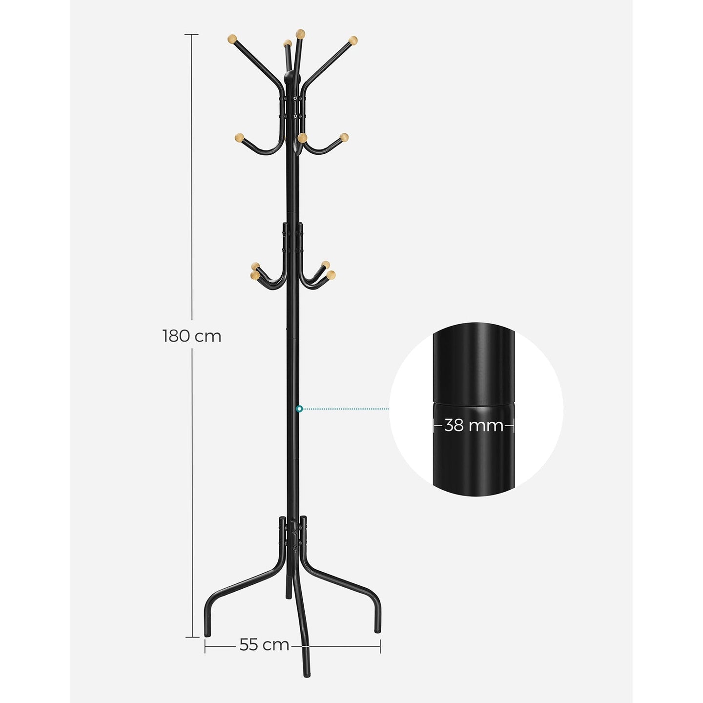 Coat Stand - Metal - Black - 12 Hooks for Coats