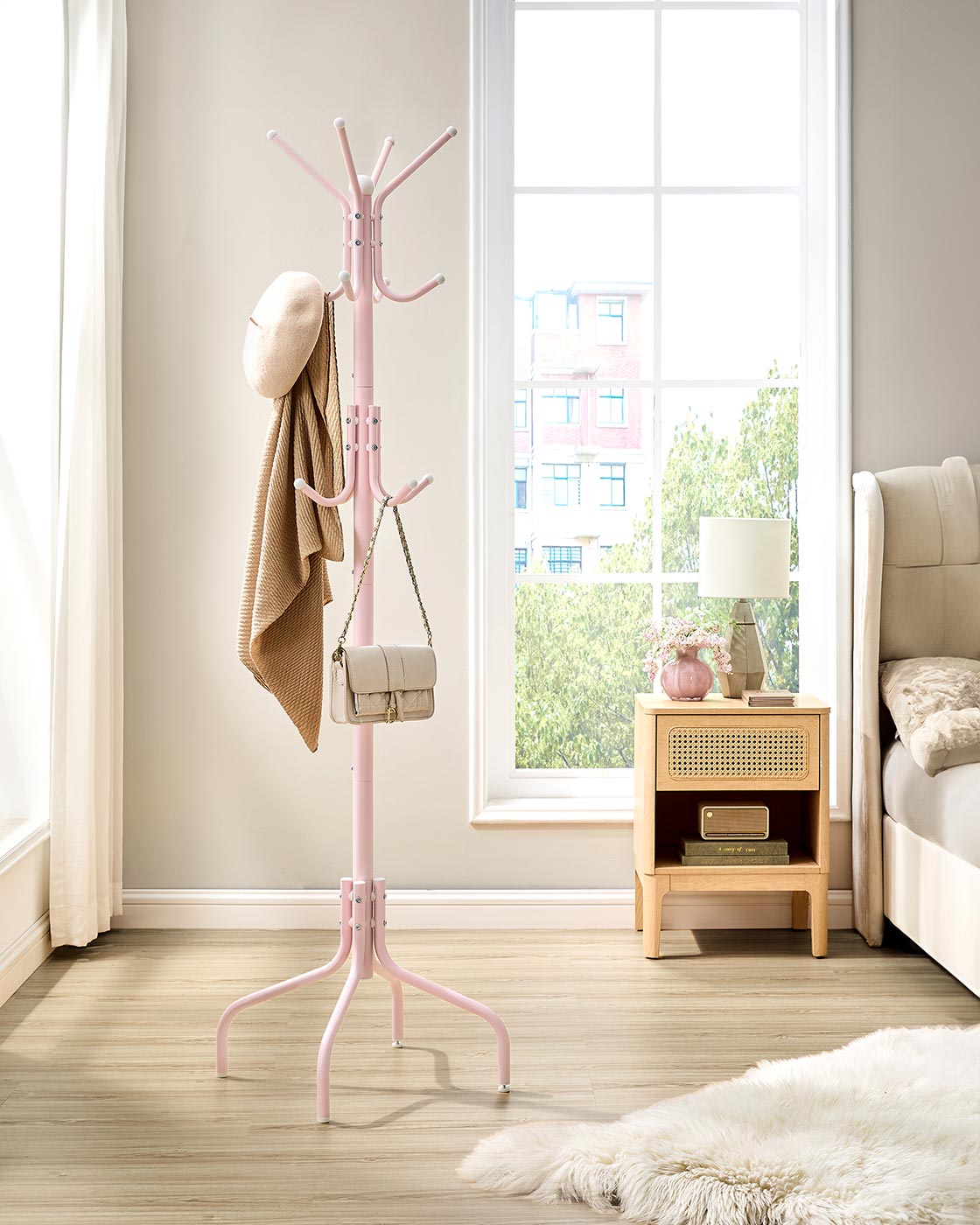 Coat Stand - 12 Hooks, 4 Legs - Metal - Jelly Pink
