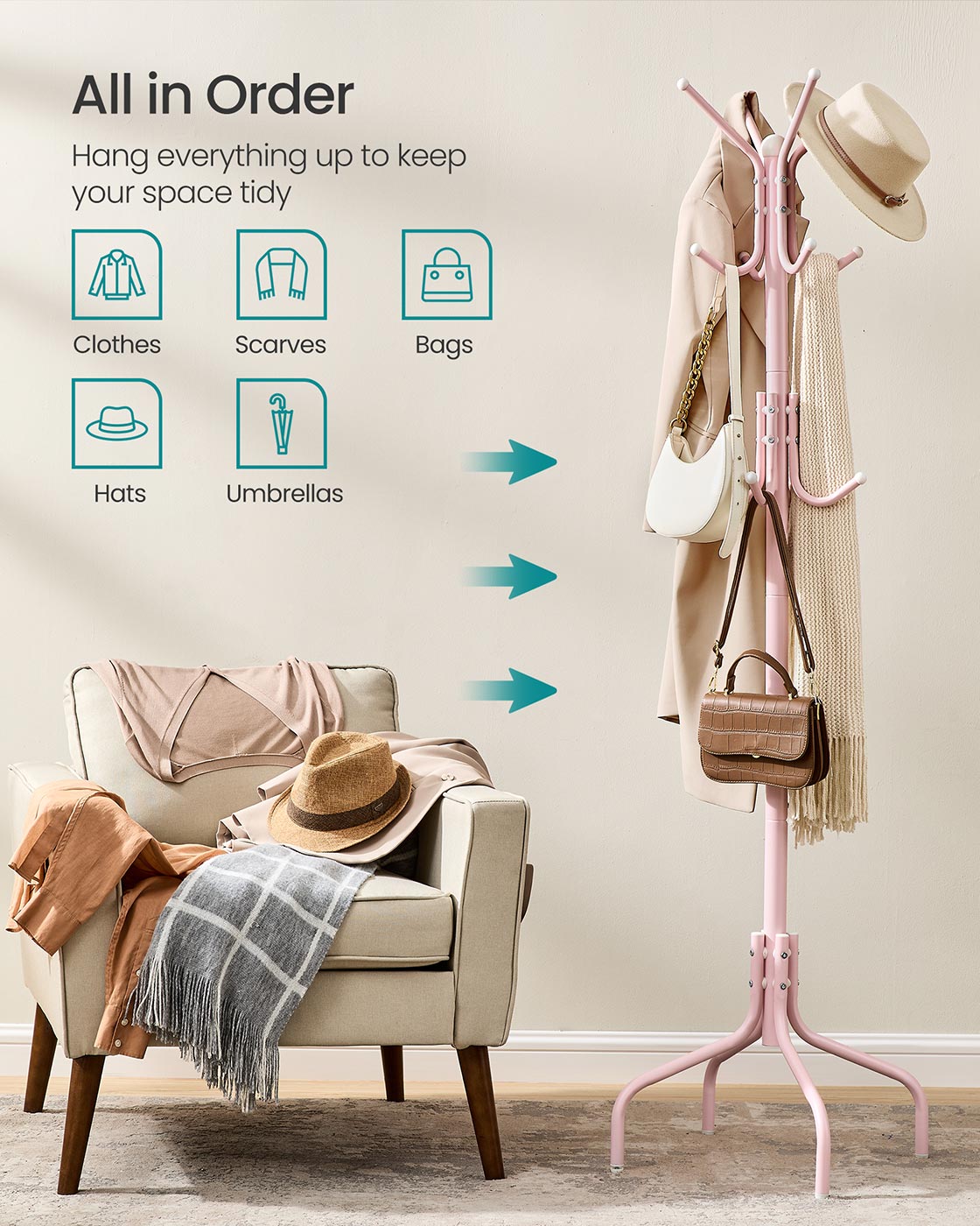 Coat Stand - 12 Hooks, 4 Legs - Metal - Jelly Pink
