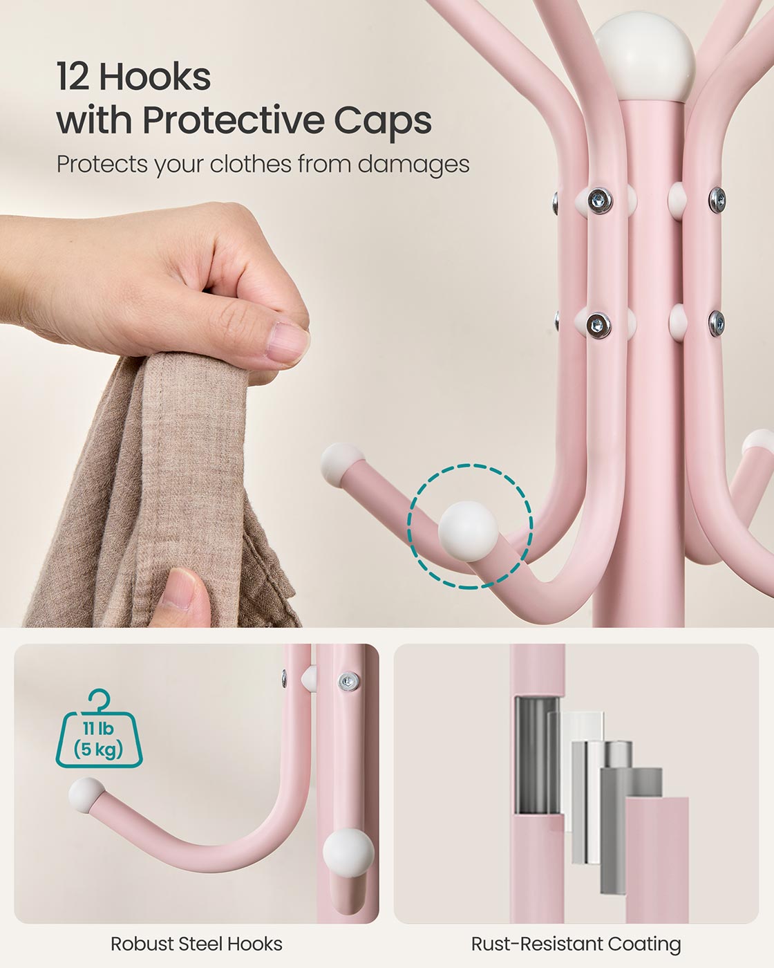 Coat Stand - 12 Hooks, 4 Legs - Metal - Jelly Pink