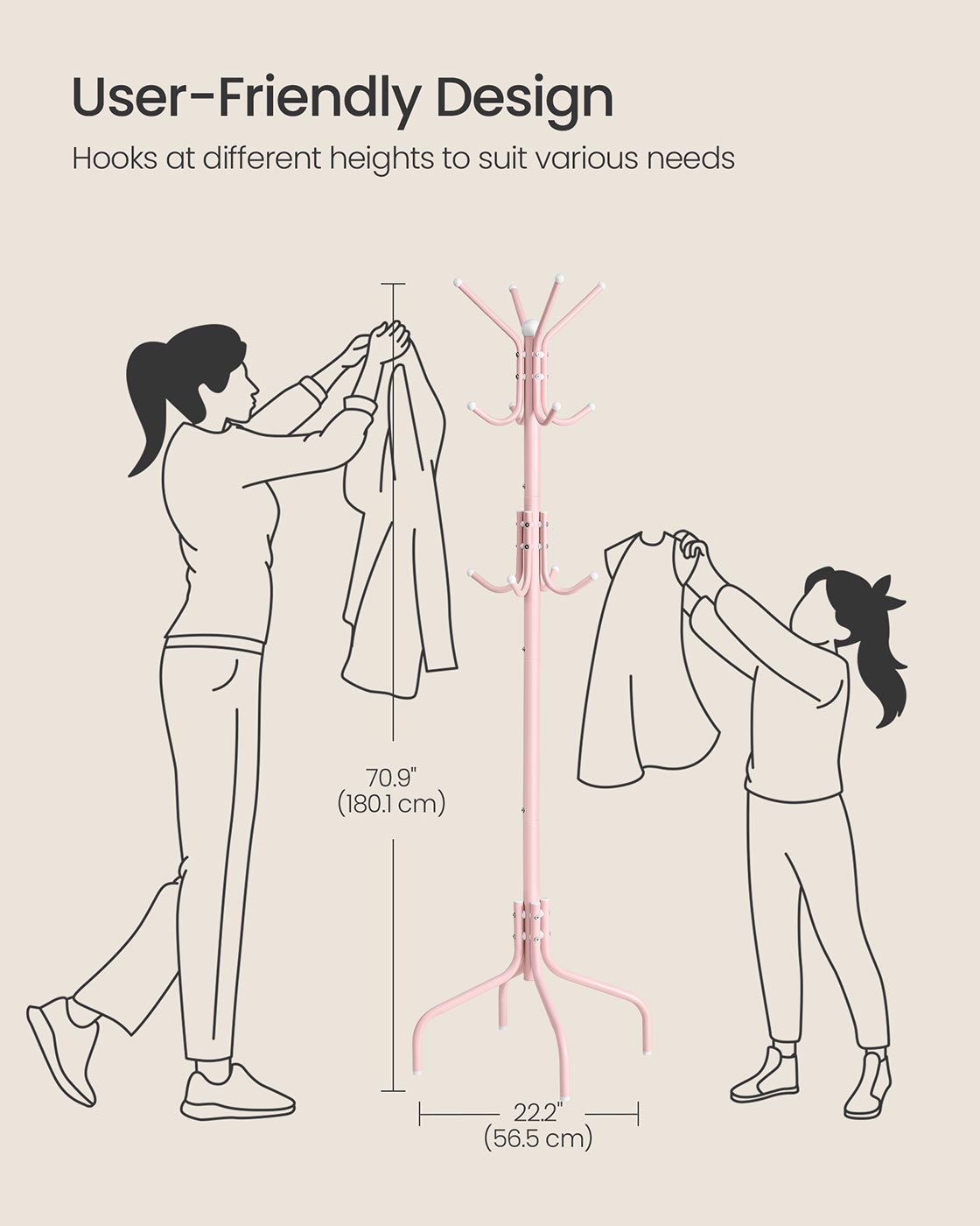 Coat Stand - 12 Hooks, 4 Legs - Metal - Jelly Pink