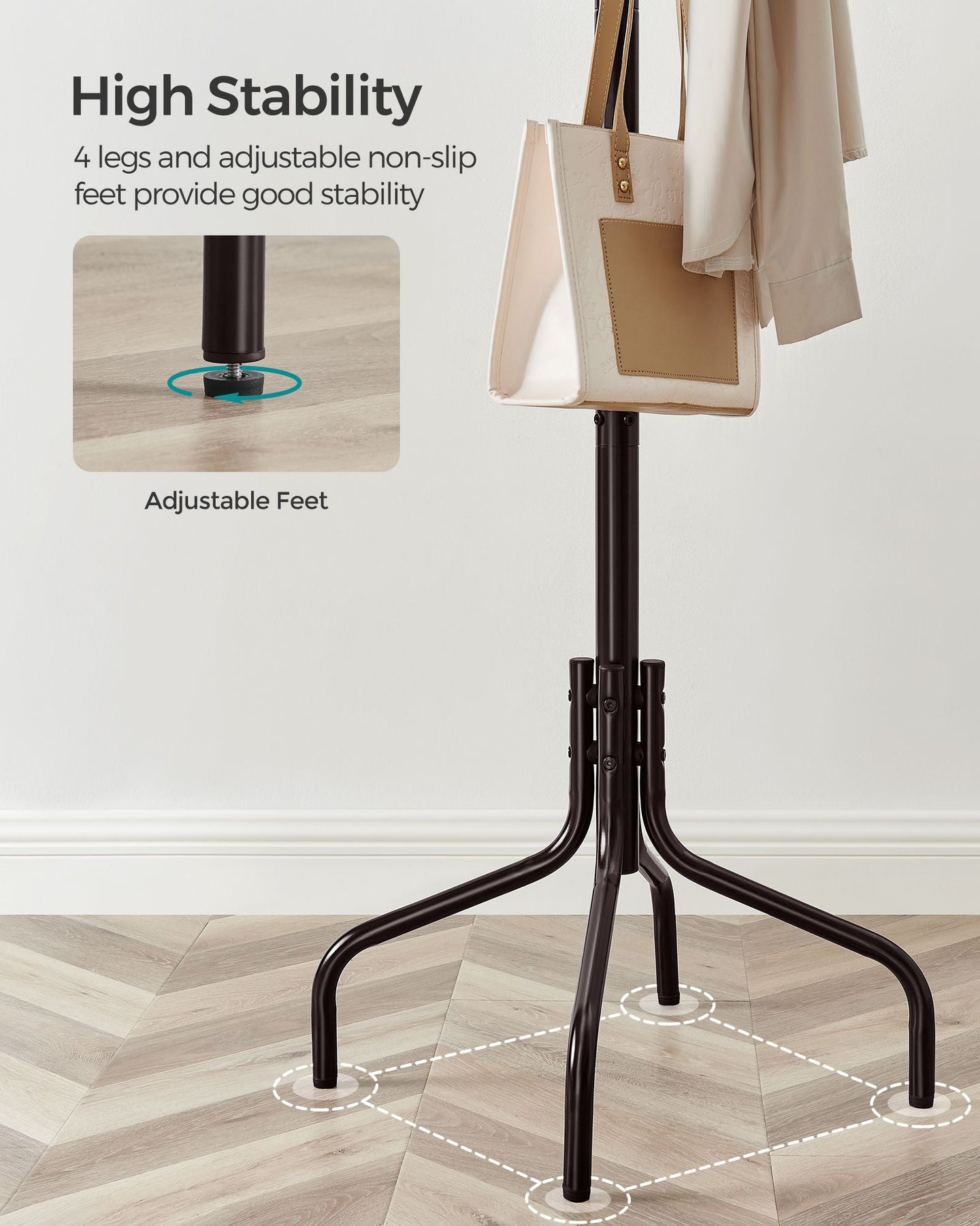 Coat Stand - 12 Hooks, 4 Legs - Metal - Black