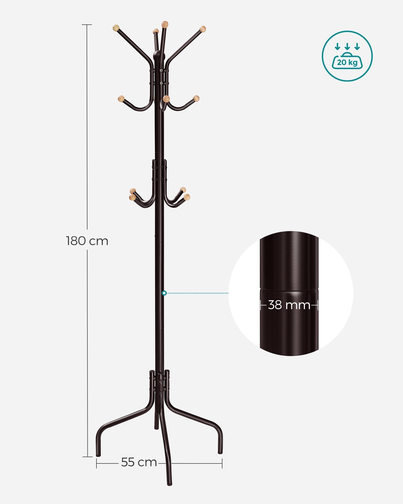 Coat Stand - 12 Hooks, 4 Legs - Metal - Black