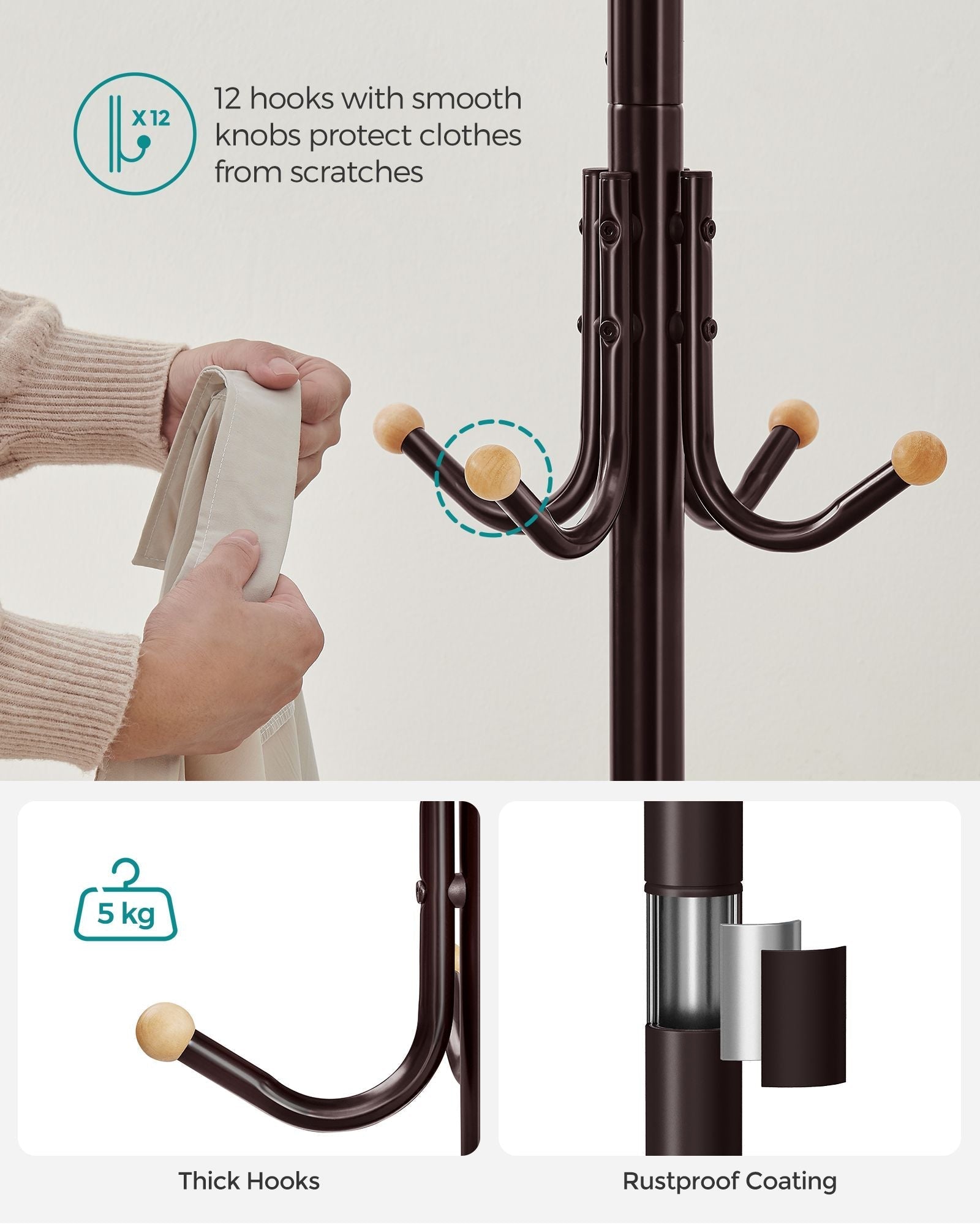 Coat Stand - 12 Hooks, 4 Legs - Metal - Black