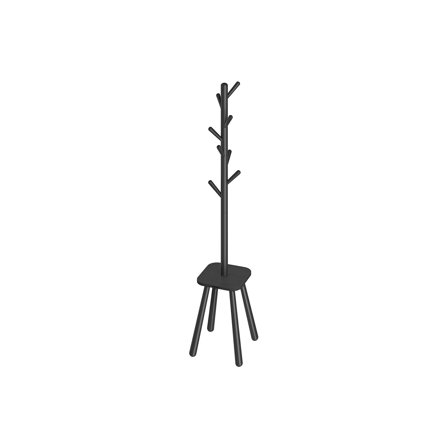 Coat Rack Stand - Wood - Ink Black - Free Standing Hall Tree with 8 Hooks and Storage Shelf