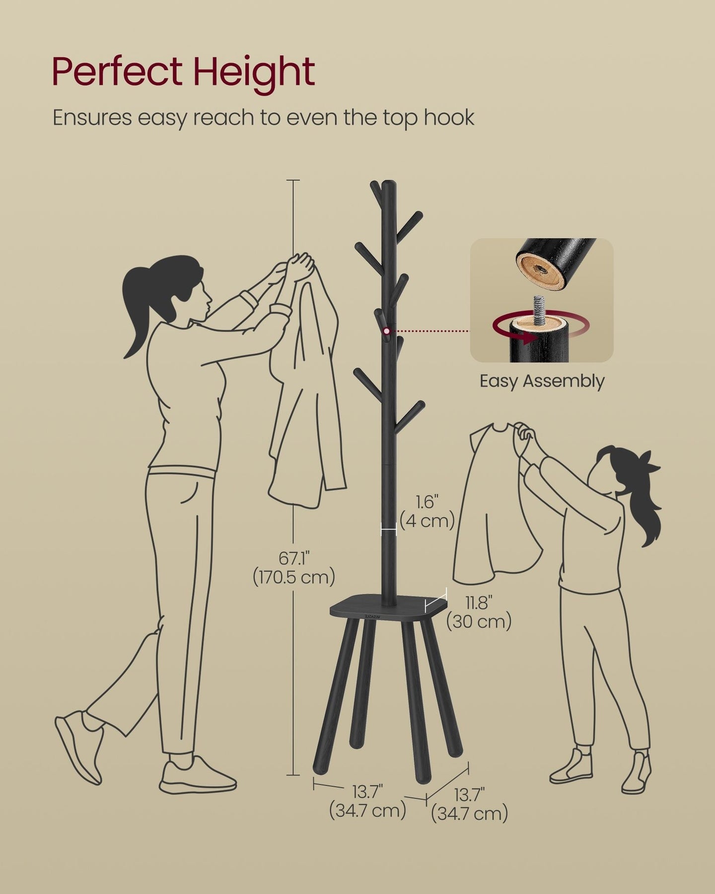 Coat Rack Stand - Wood - Ink Black - Free Standing Hall Tree with 8 Hooks and Storage Shelf