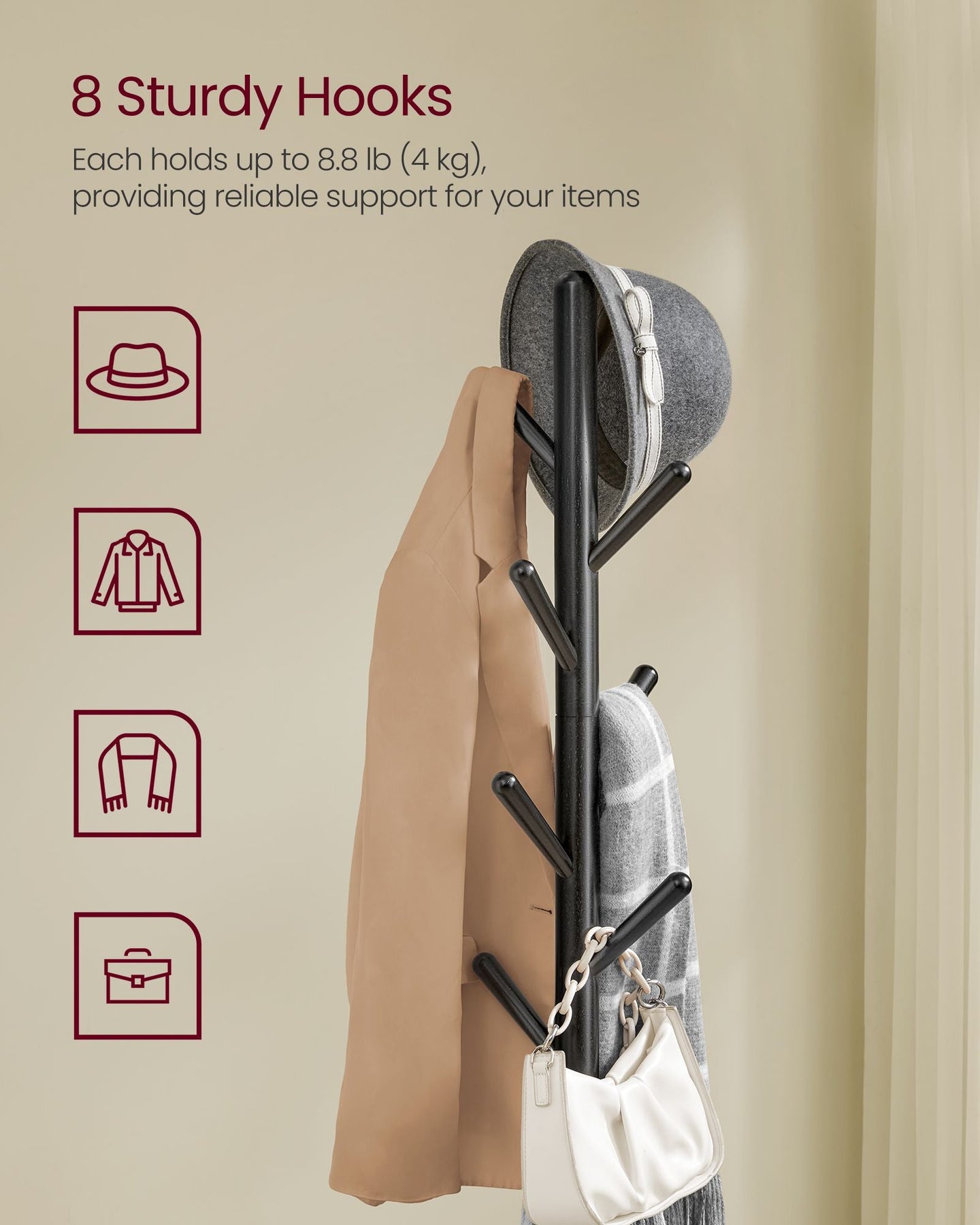 Coat Rack Stand - Wood - Ink Black - Free Standing Hall Tree with 8 Hooks and Storage Shelf
