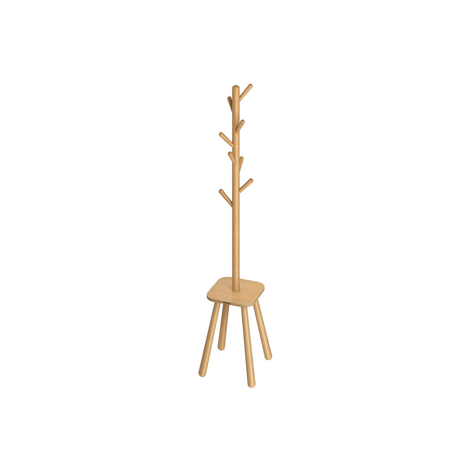 Coat Rack Stand - Wood - Natural Beige - Free Standing with 8 Hooks and Storage Shelf