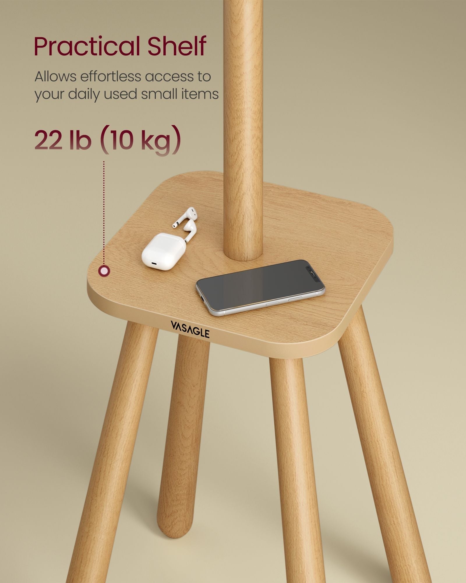 Coat Rack Stand - Wood - Natural Beige - Free Standing with 8 Hooks and Storage Shelf