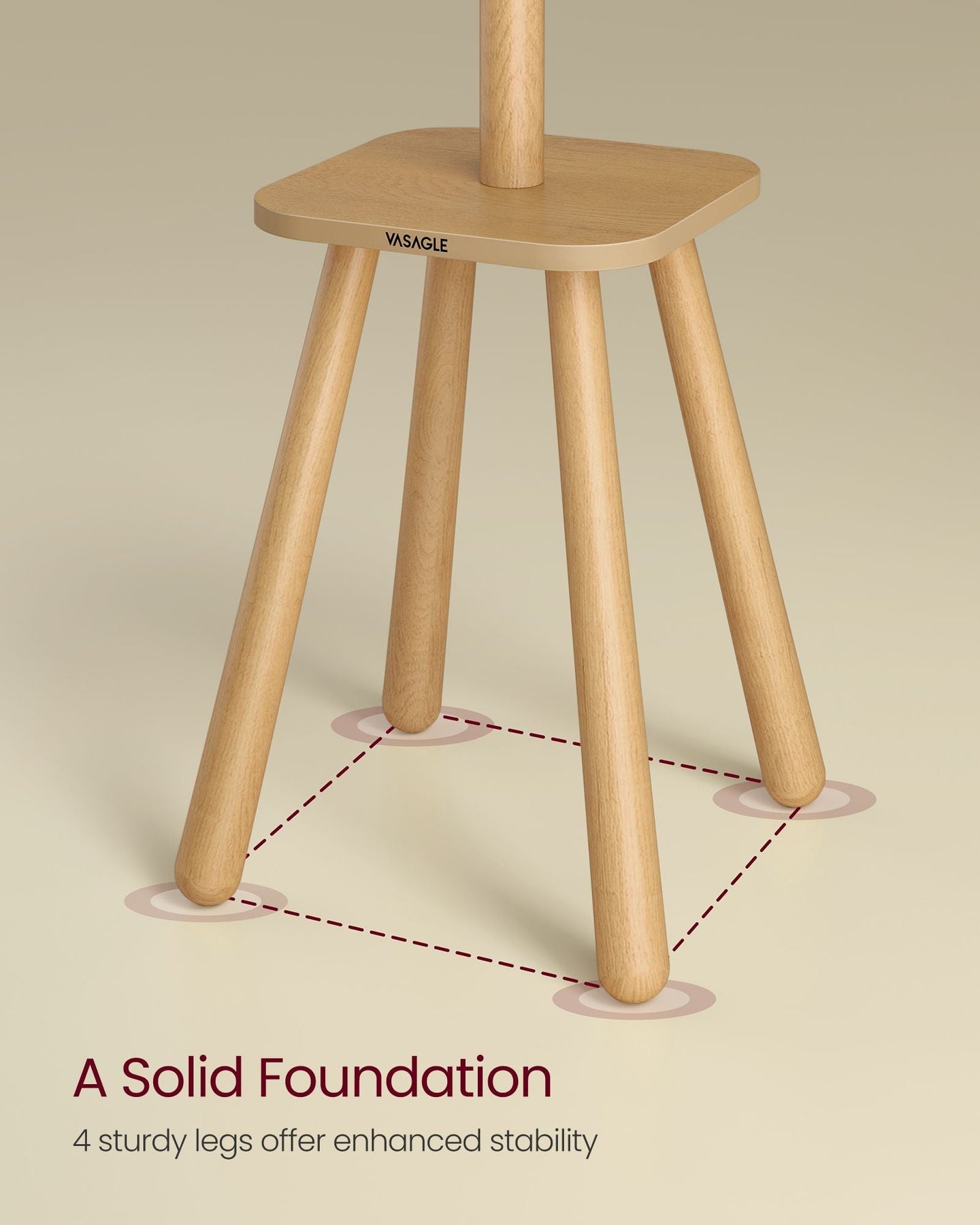 Coat Rack Stand - Wood - Natural Beige - Free Standing with 8 Hooks and Storage Shelf
