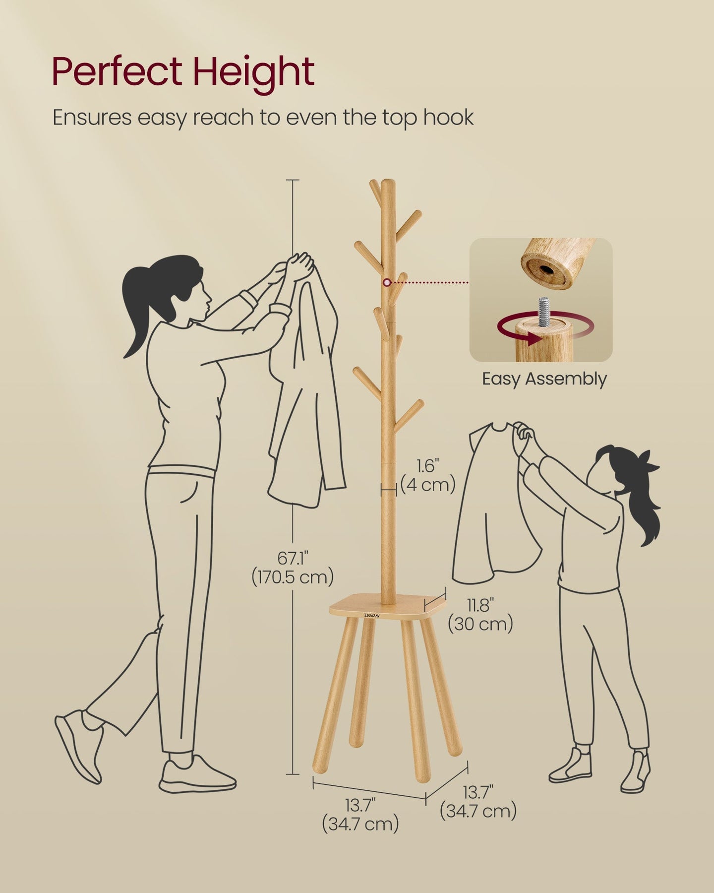 Coat Rack Stand - Wood - Natural Beige - Free Standing with 8 Hooks and Storage Shelf