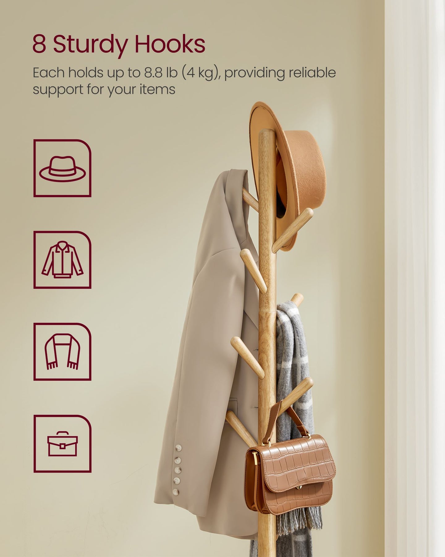 Coat Rack Stand - Wood - Natural Beige - Free Standing with 8 Hooks and Storage Shelf