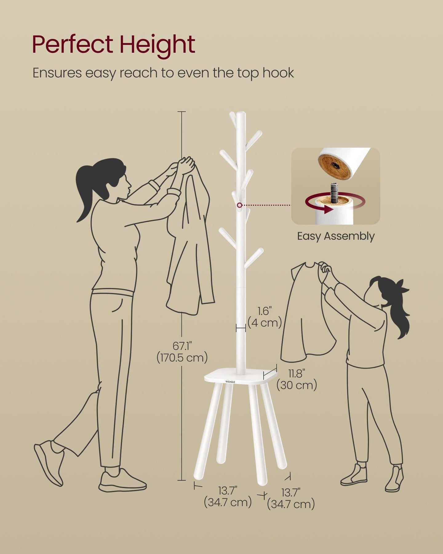 Coat Rack Stand - Wood - Cloud White - Free Standing with 8 Hooks and Storage Shelf
