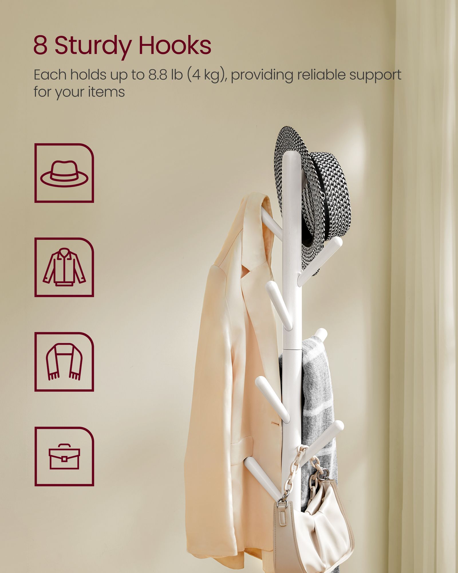 Coat Rack Stand - Wood - Cloud White - Free Standing with 8 Hooks and Storage Shelf