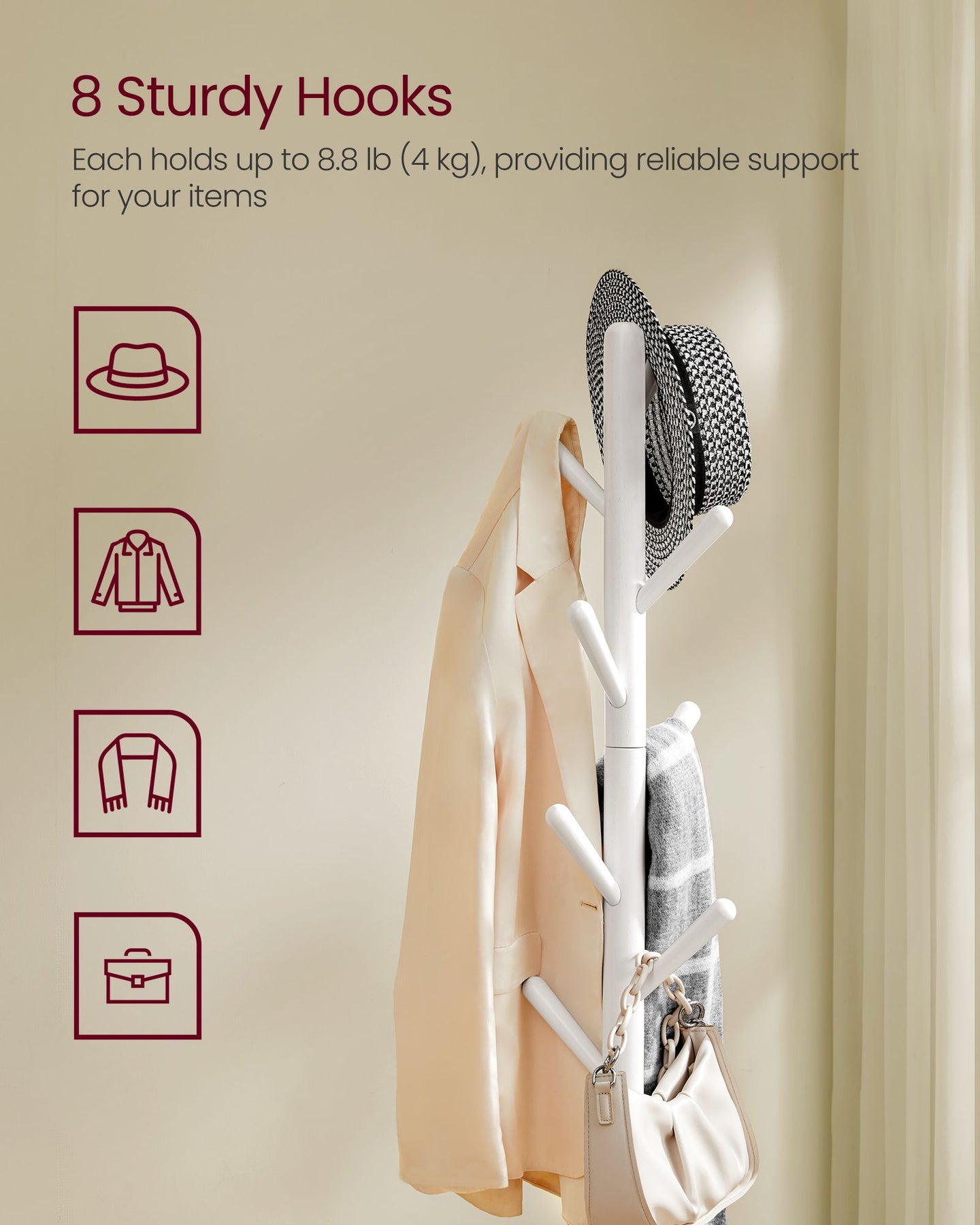 Coat Rack Stand - Wood - Cloud White - Free Standing with 8 Hooks and Storage Shelf