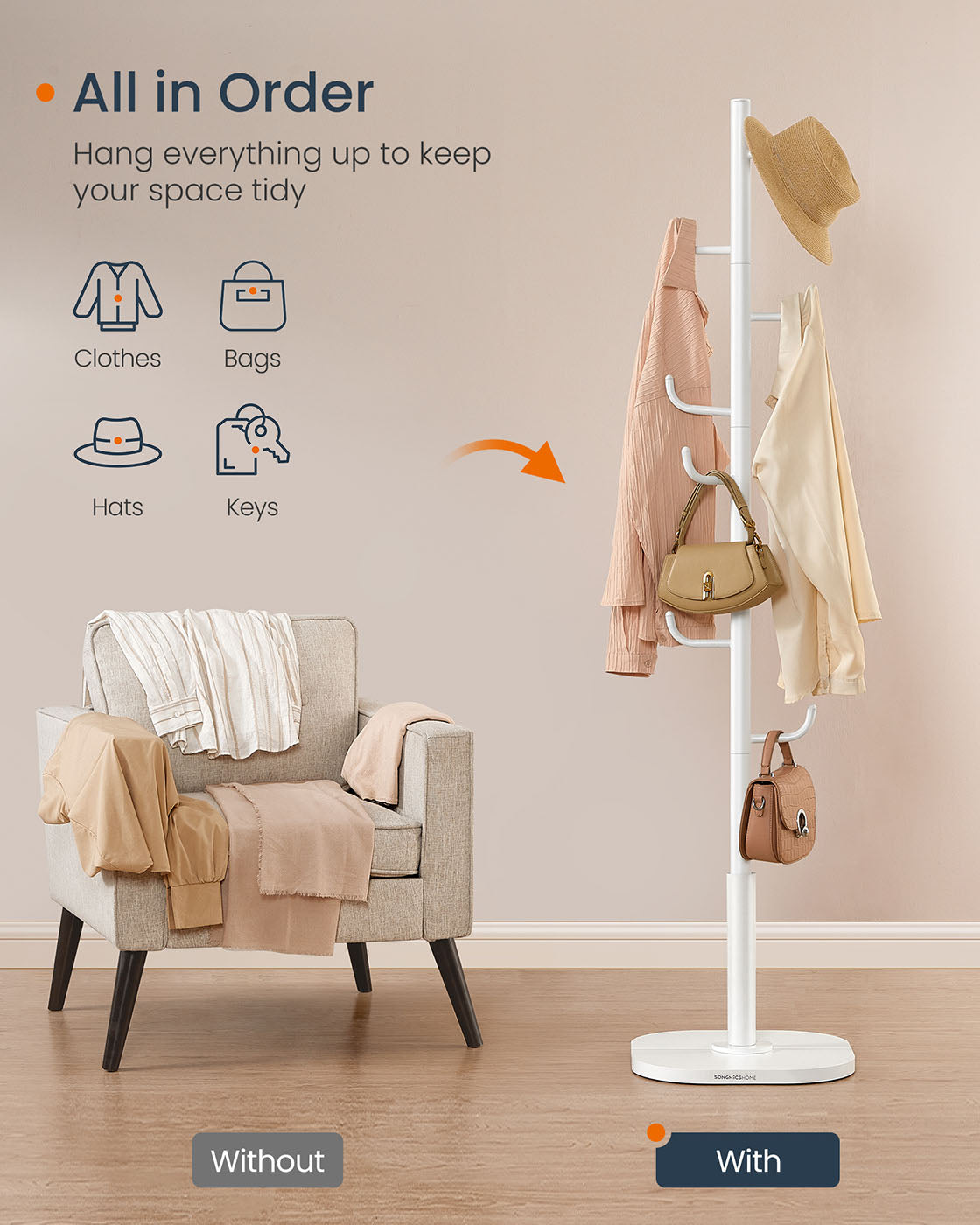 Cactus-Shaped Coat Rack - 8 Sturdy Hooks - Metal - Cloud White