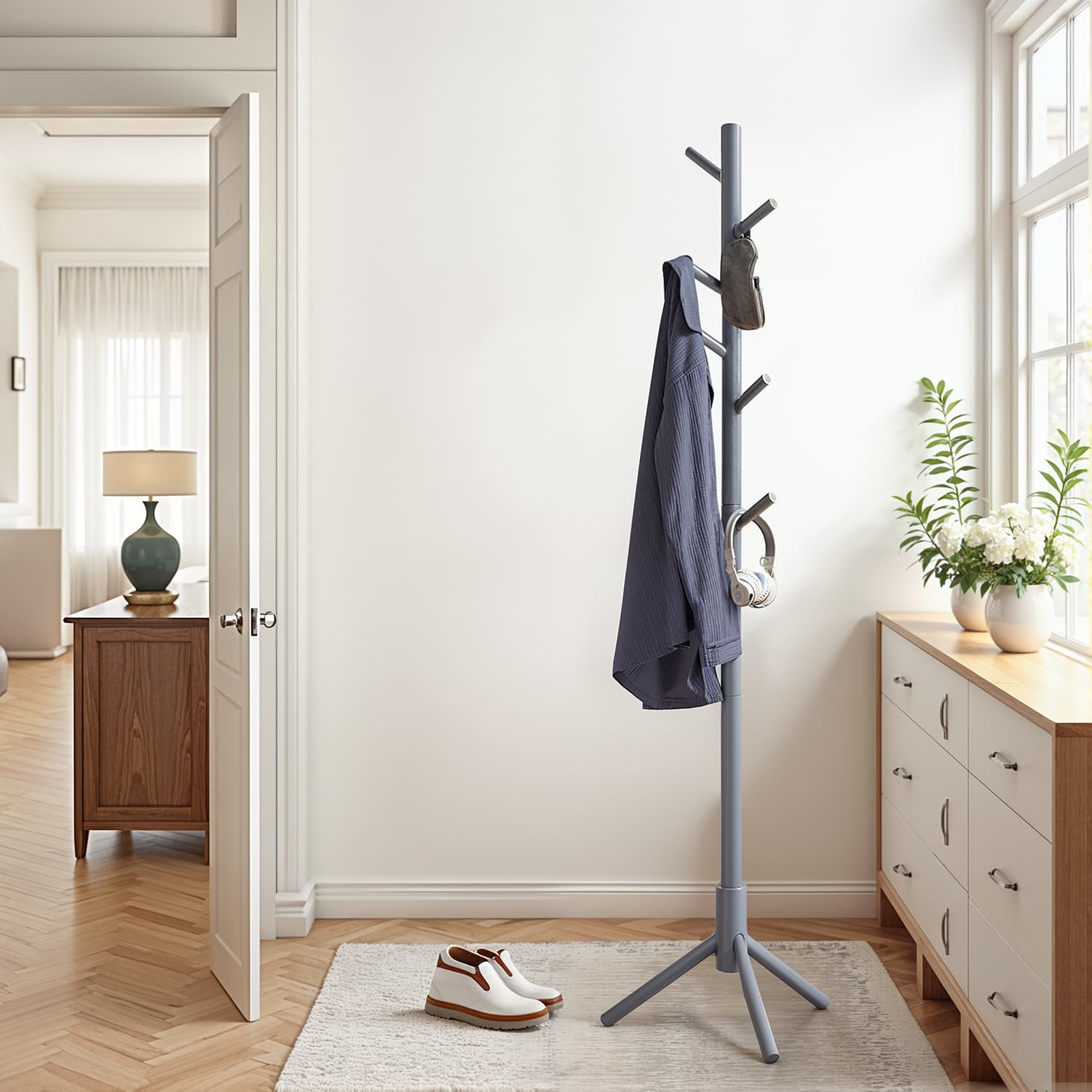 Solid Wood Coat Rack - Solid Wood - White - Tree-Shaped Design with 8 Hooks and 3 Height Options