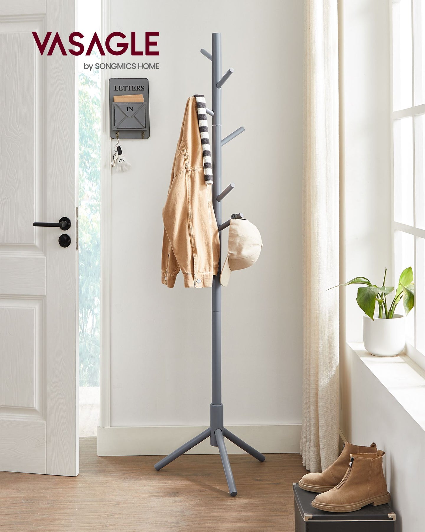 Coat Rack - Solid Wood - Black - Free Standing with 8 Hooks