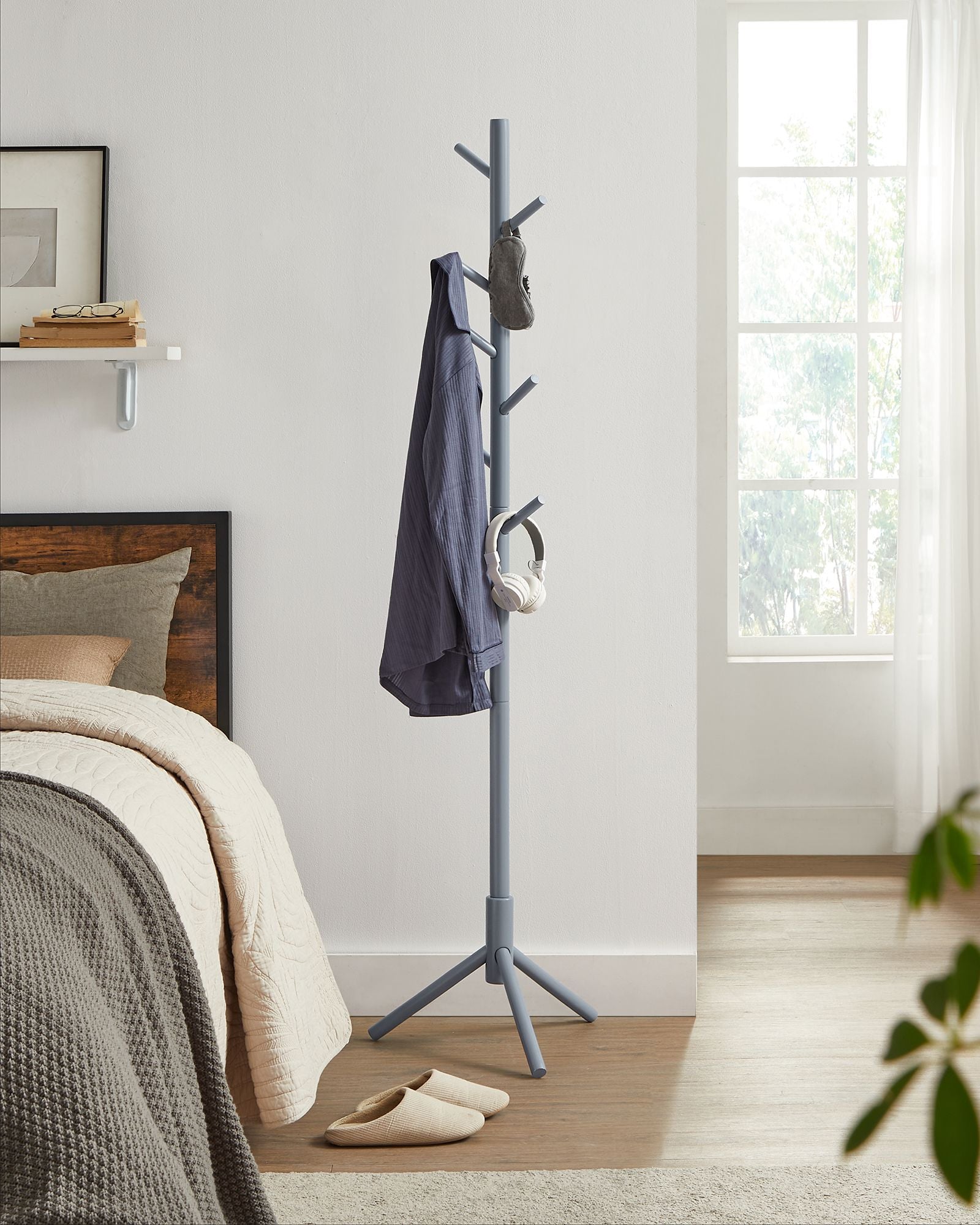 Coat Rack - Solid Wood - Black - Free Standing with 8 Hooks