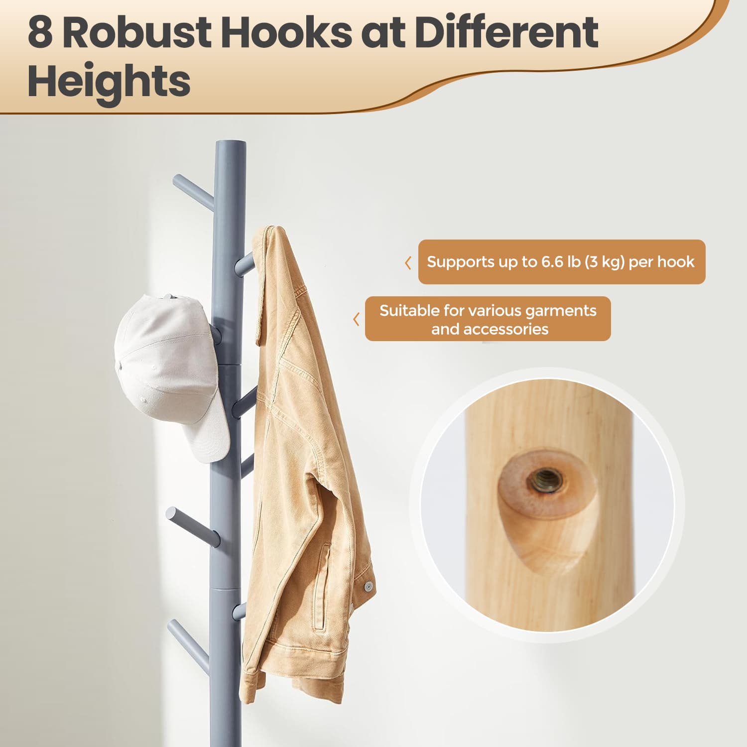 Solid Wood Coat Rack - Solid Wood - White - Tree-Shaped Design with 8 Hooks and 3 Height Options