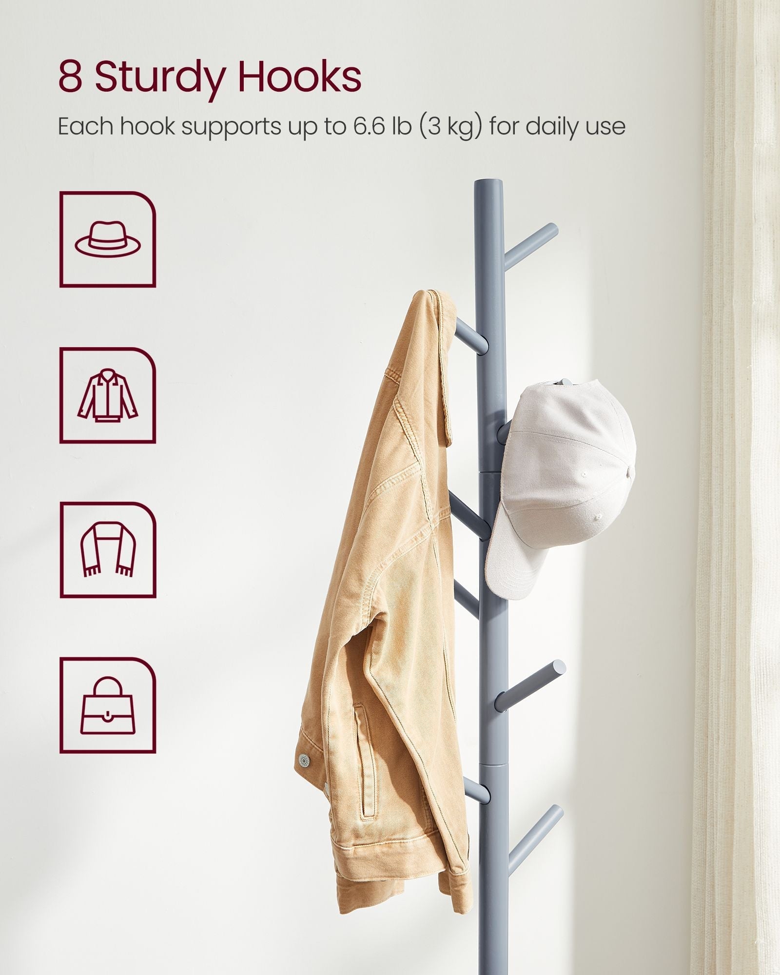 Coat Rack - Solid Wood - Black - Free Standing with 8 Hooks