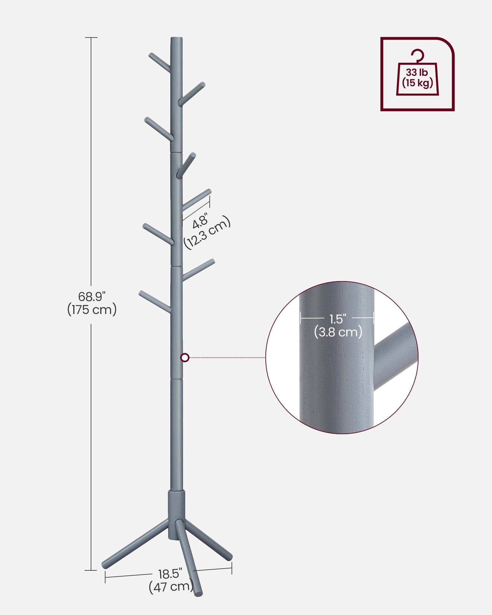 Coat Rack - Solid Wood - Black - Free Standing with 8 Hooks