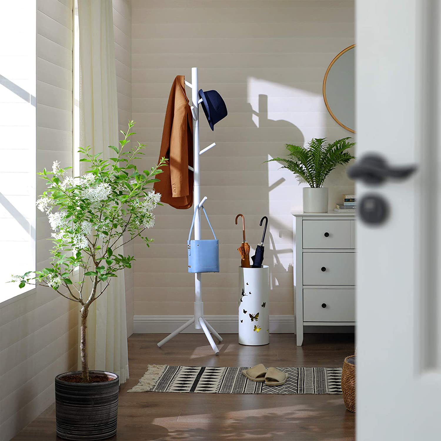Coat Rack - Solid Wood - White - Freestanding with 8 Hooks for Entryway and Hallway