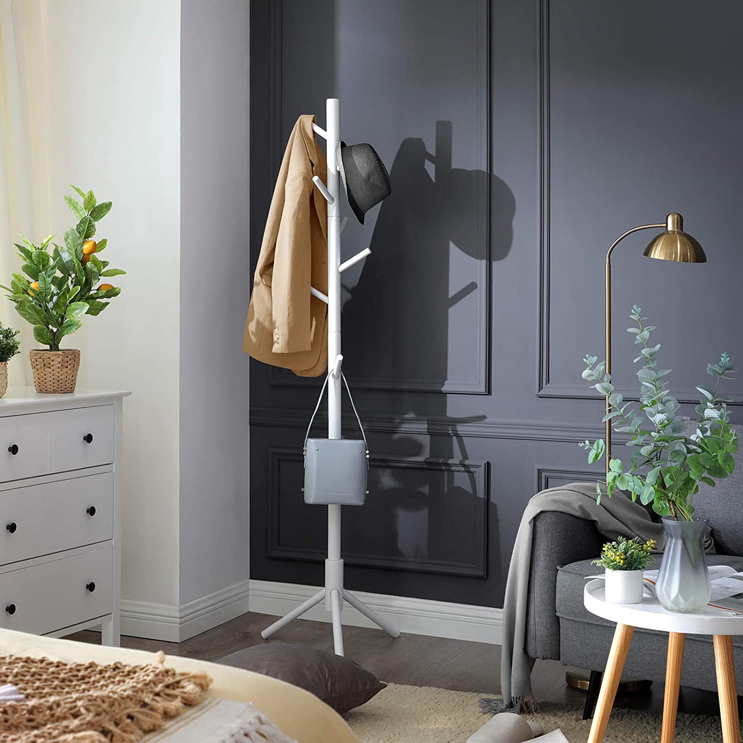 Coat Rack - Solid Wood - White - Freestanding with 8 Hooks for Entryway and Hallway