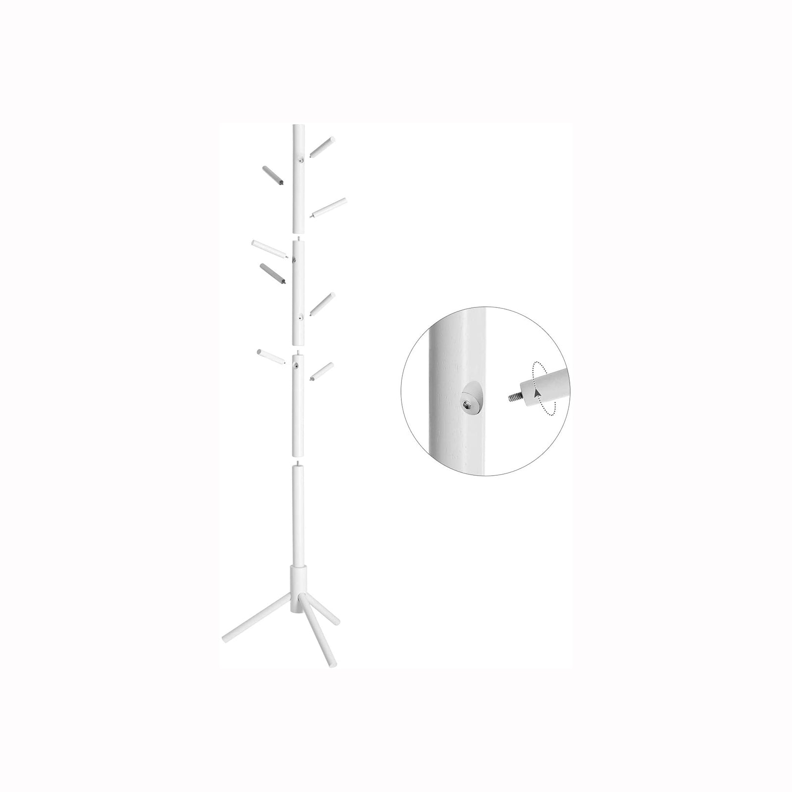 Coat Rack - Solid Wood - White - Freestanding with 8 Hooks for Entryway and Hallway