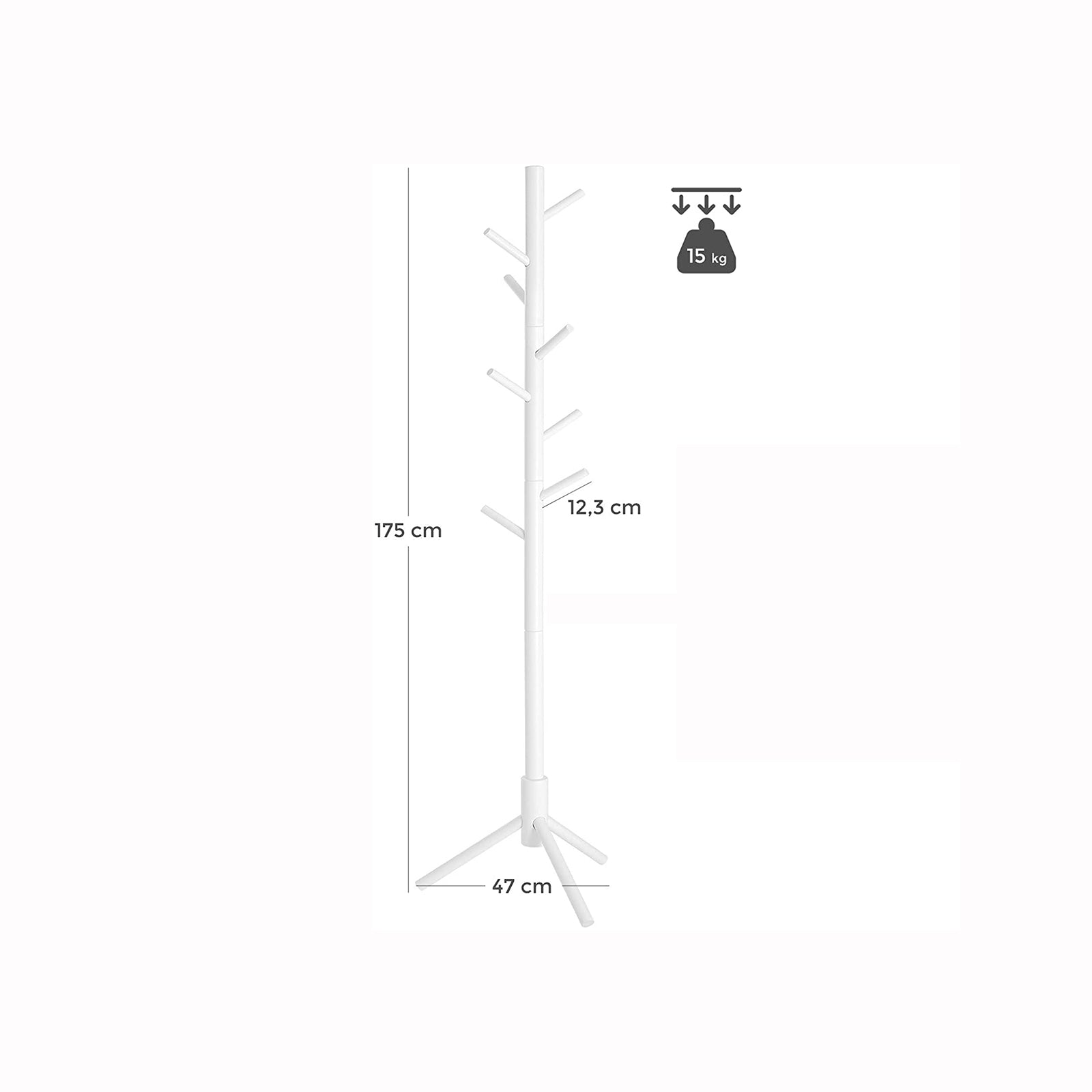 Coat Rack - Solid Wood - White - Freestanding with 8 Hooks for Entryway and Hallway