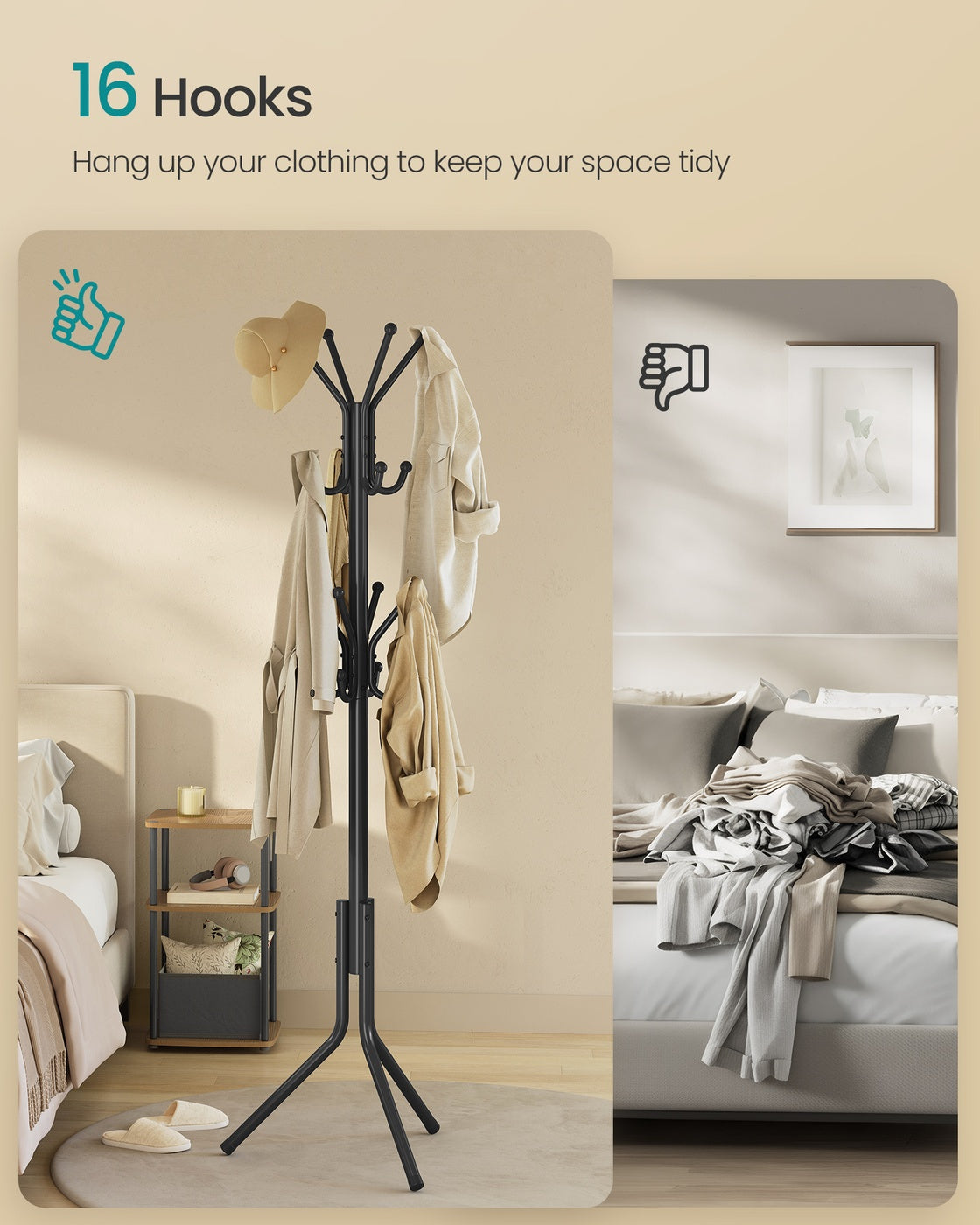 Freestanding Coat Rack - 175cm - Steel - 16 Hooks