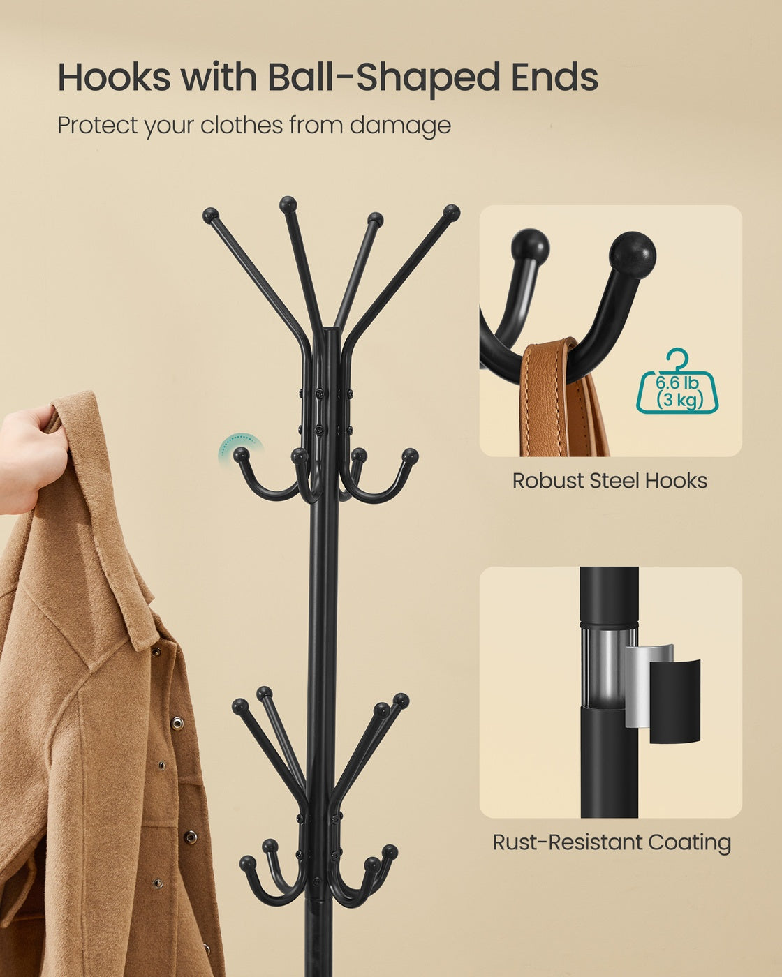 Freestanding Coat Rack - 175cm - Steel - 16 Hooks