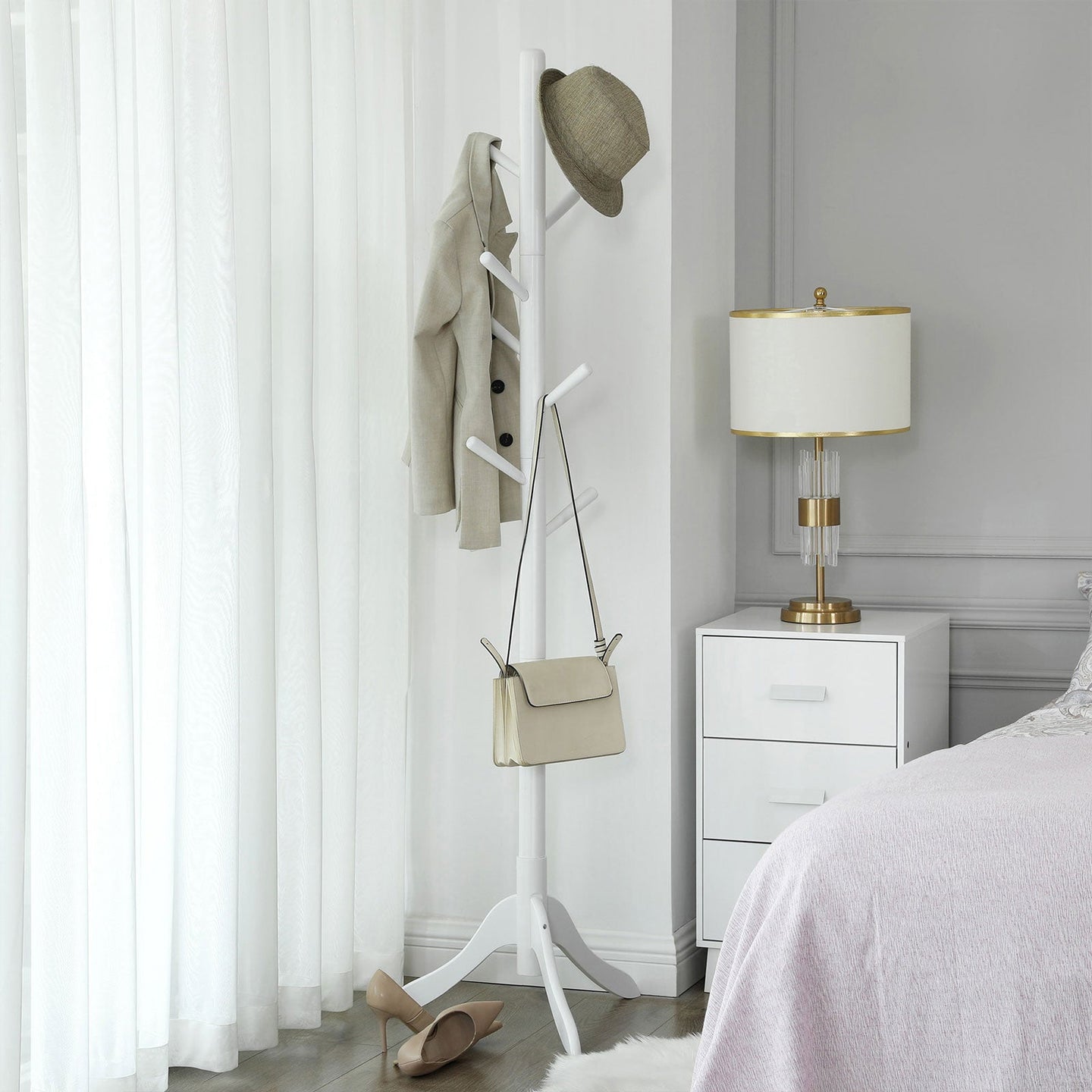 Freestanding Coat Stand - White - Solid Rubberwood