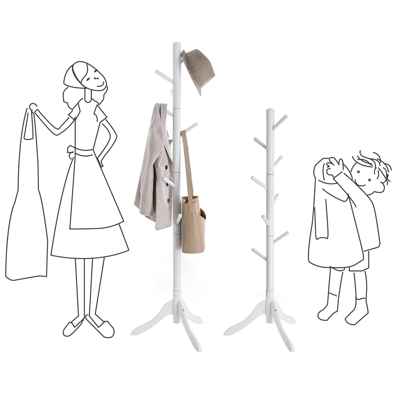 Freestanding Coat Stand - White - Solid Rubberwood