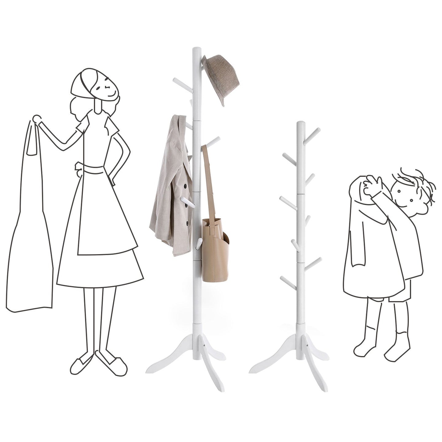 Freestanding Coat Stand - White - Solid Rubberwood