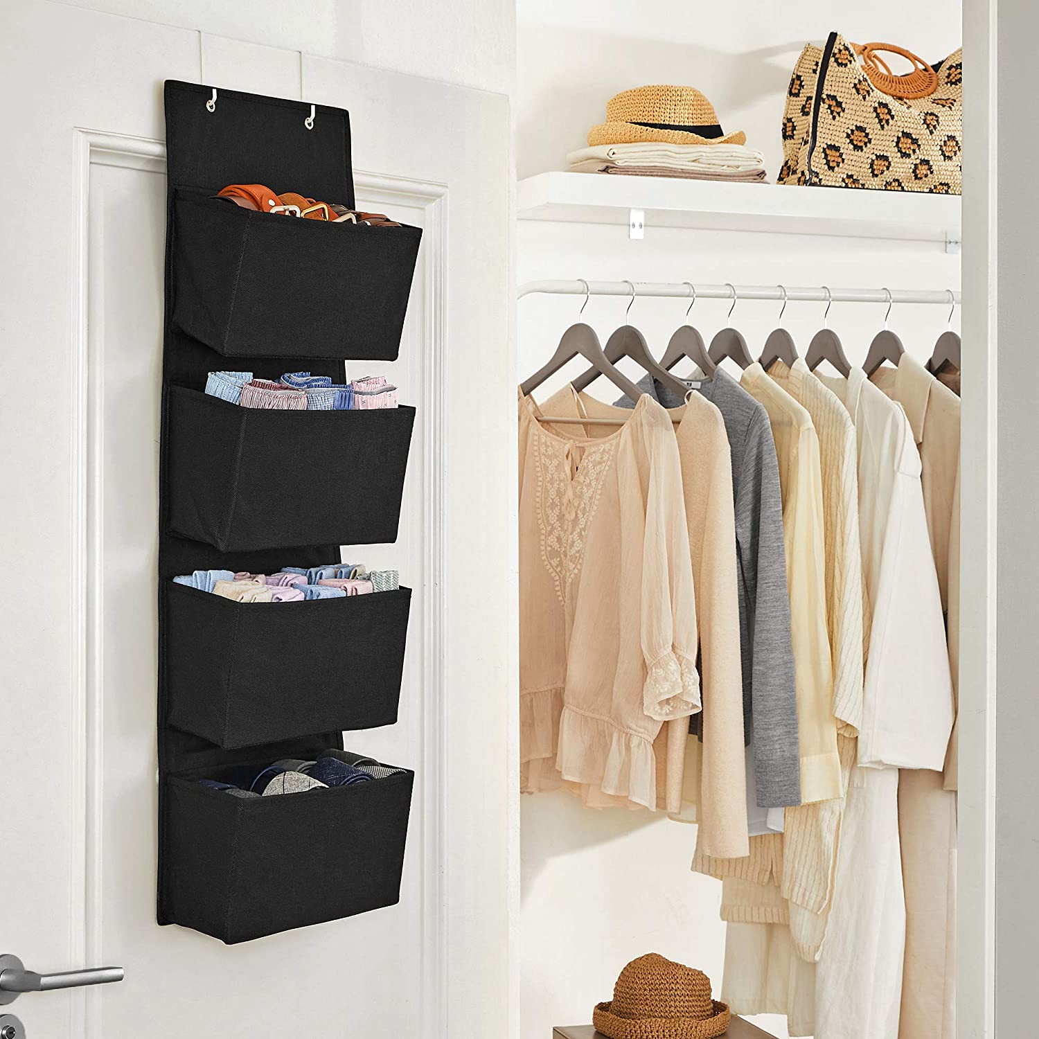 Over-the-Door Organizer - Fabric - Black - 4 Pocket Space-Saving Storage Solution