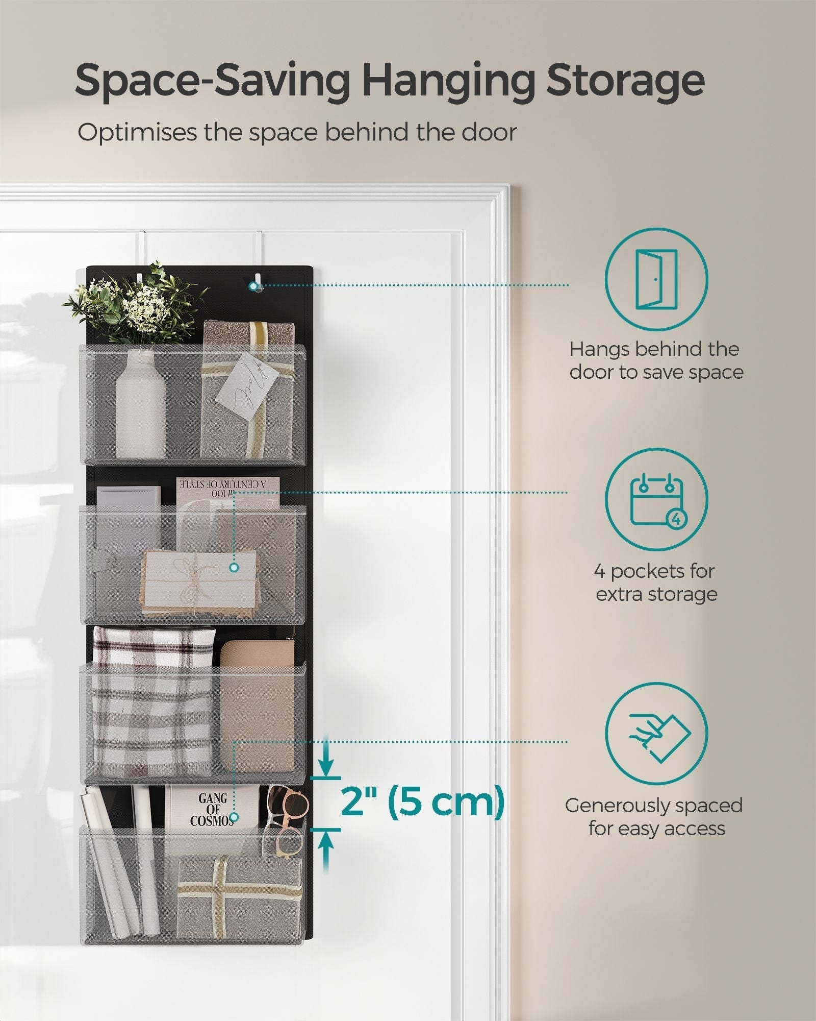 Set of 2 Over-Door Storage Organisers - 4 Pocket Design - Fabric - Ink Black - Quality Materials for Long-Lasting Use