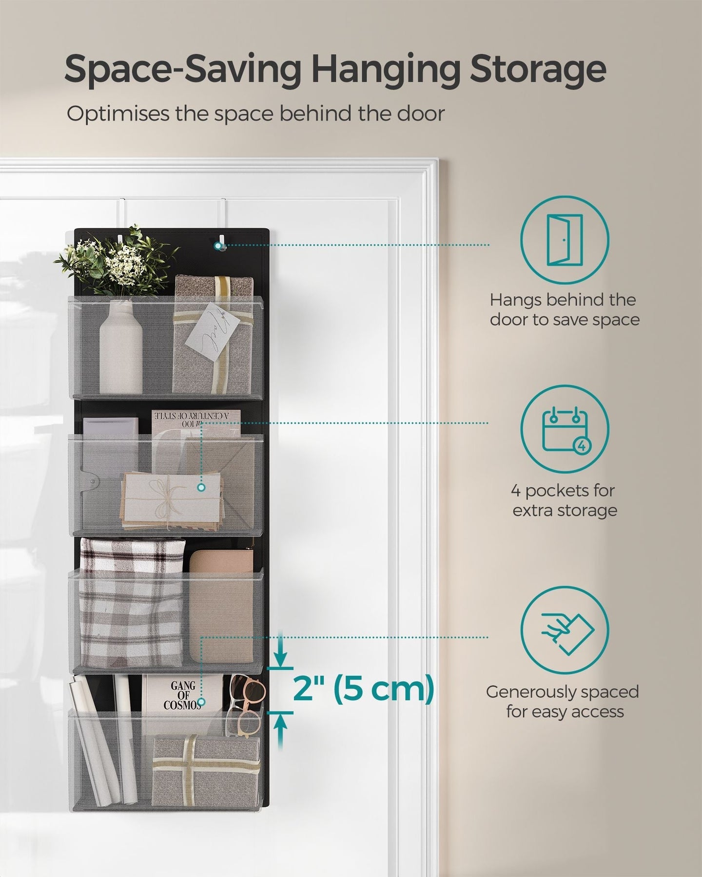 Set of 2 Over-Door Storage Organisers - 4 Pocket Design - Fabric - Ink Black - Quality Materials for Long-Lasting Use