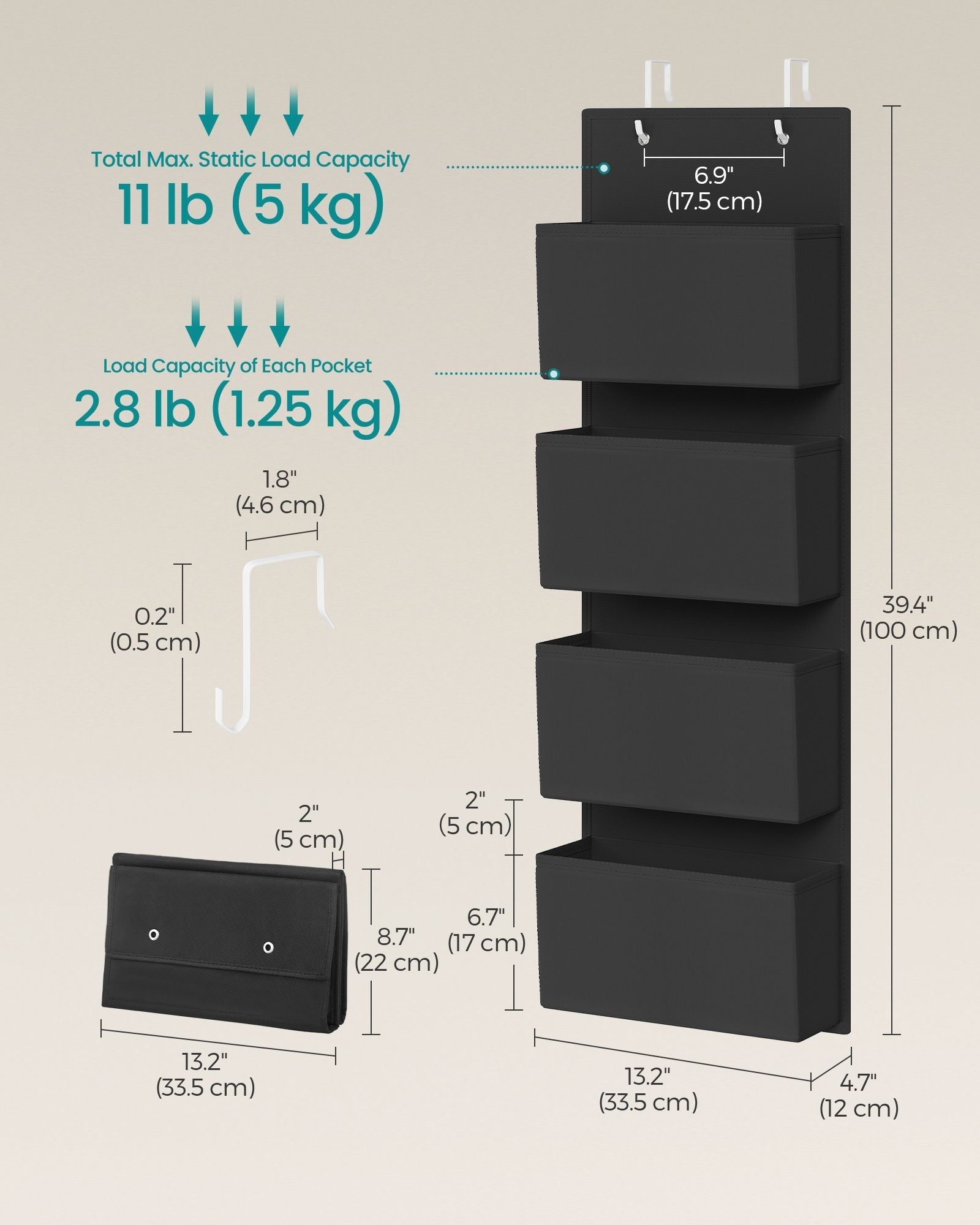 Set of 2 Over-Door Storage Organisers - 4 Pocket Design - Fabric - Ink Black - Quality Materials for Long-Lasting Use